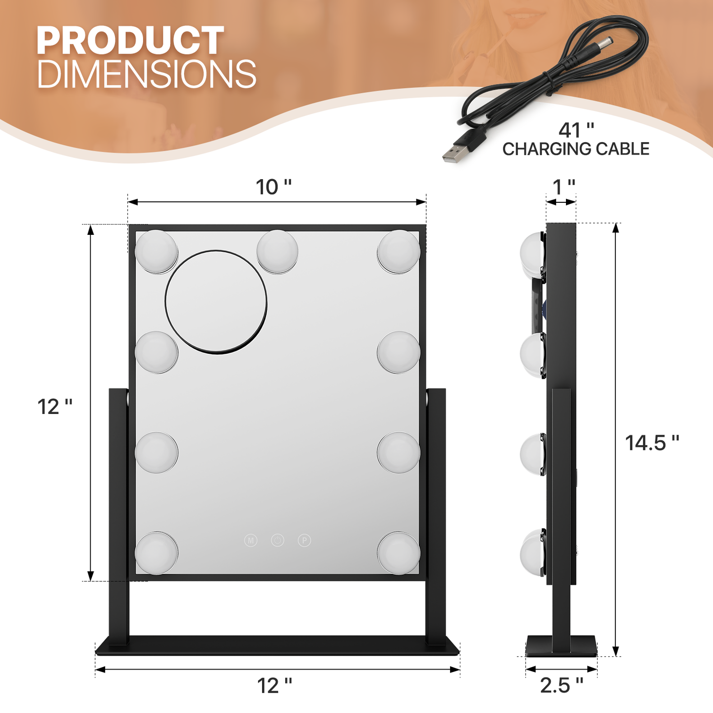 Rectangle 9 LED Plastic Bulb Vanity Mirror - 3 Color Lighting Mode - Brightness Adjustable - w/Detachable 5X Magnification Mirror