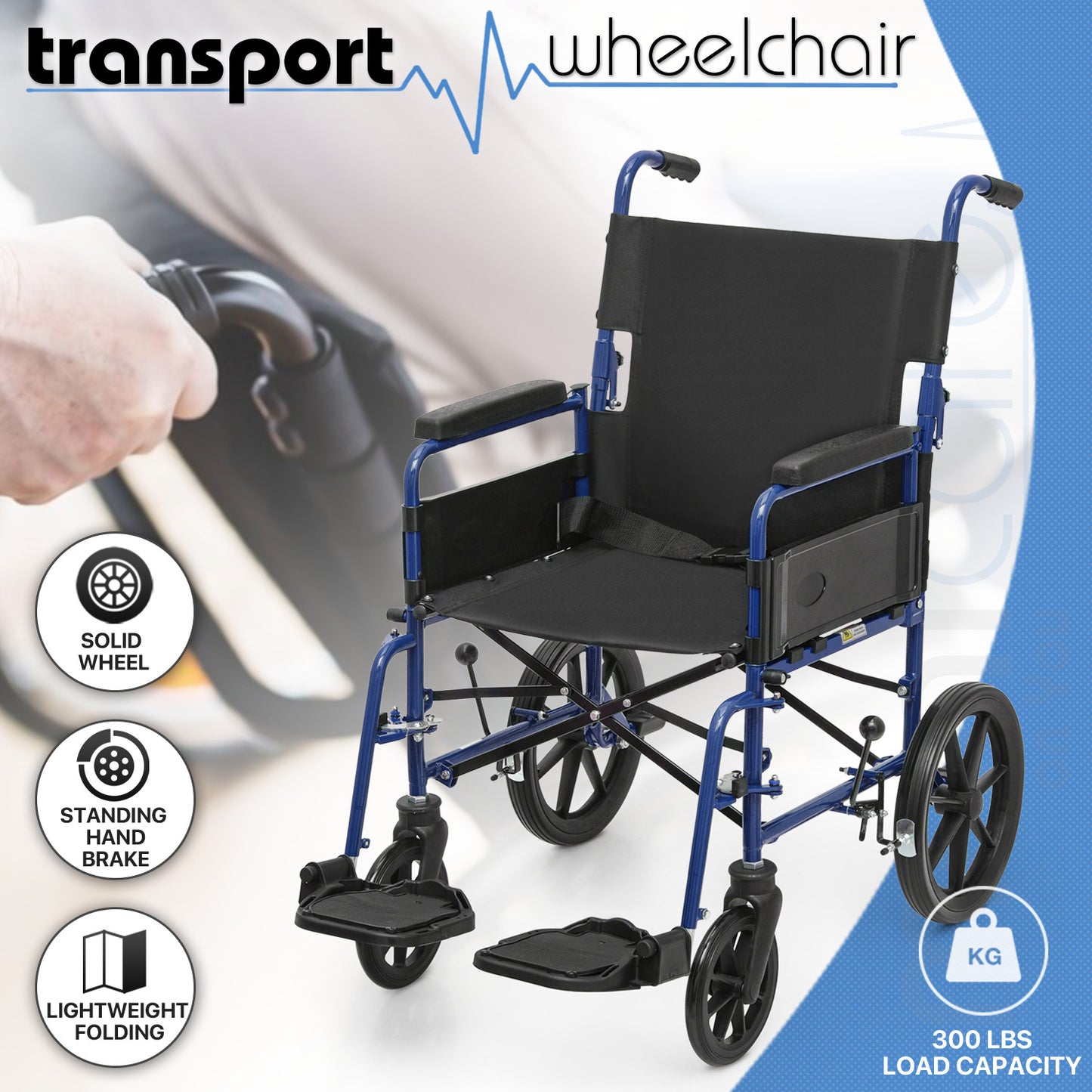 Transport Wheelchair - FDA Approved, PU Paded Armrest, Blue
