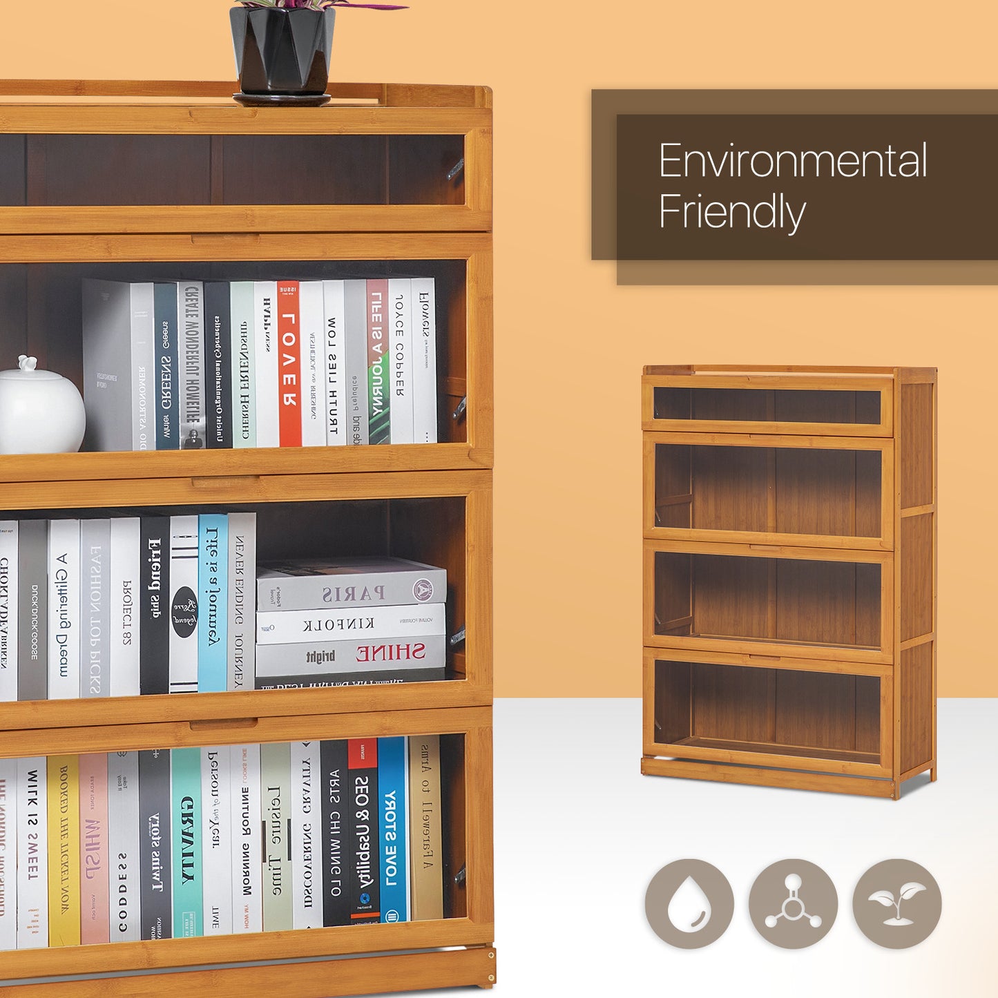 Visible Drop Down Door Bookcase w/Short Compartment - Bamboo/Acrylic - Brown
