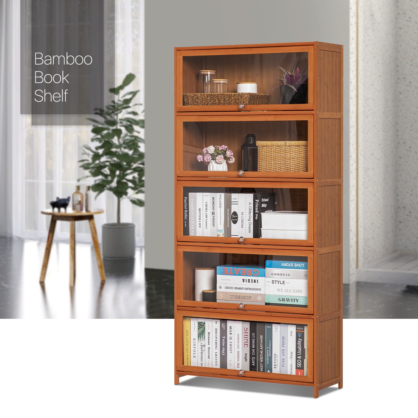 Slide Up Acrylic Panel Door Multi-Functional Storage Cabinet - 5 Tier - Brown