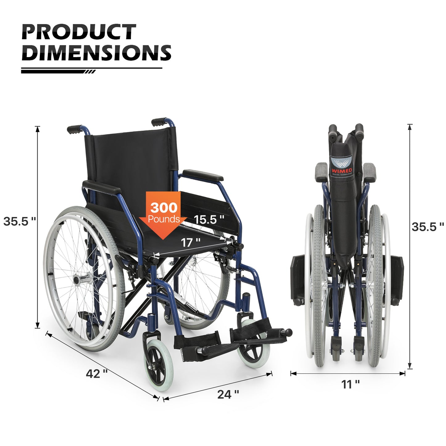Manual Wheelchair - 7.5'' Front & 23.5'' Rear Wheel - 17"x15.5'' Nylon Seat