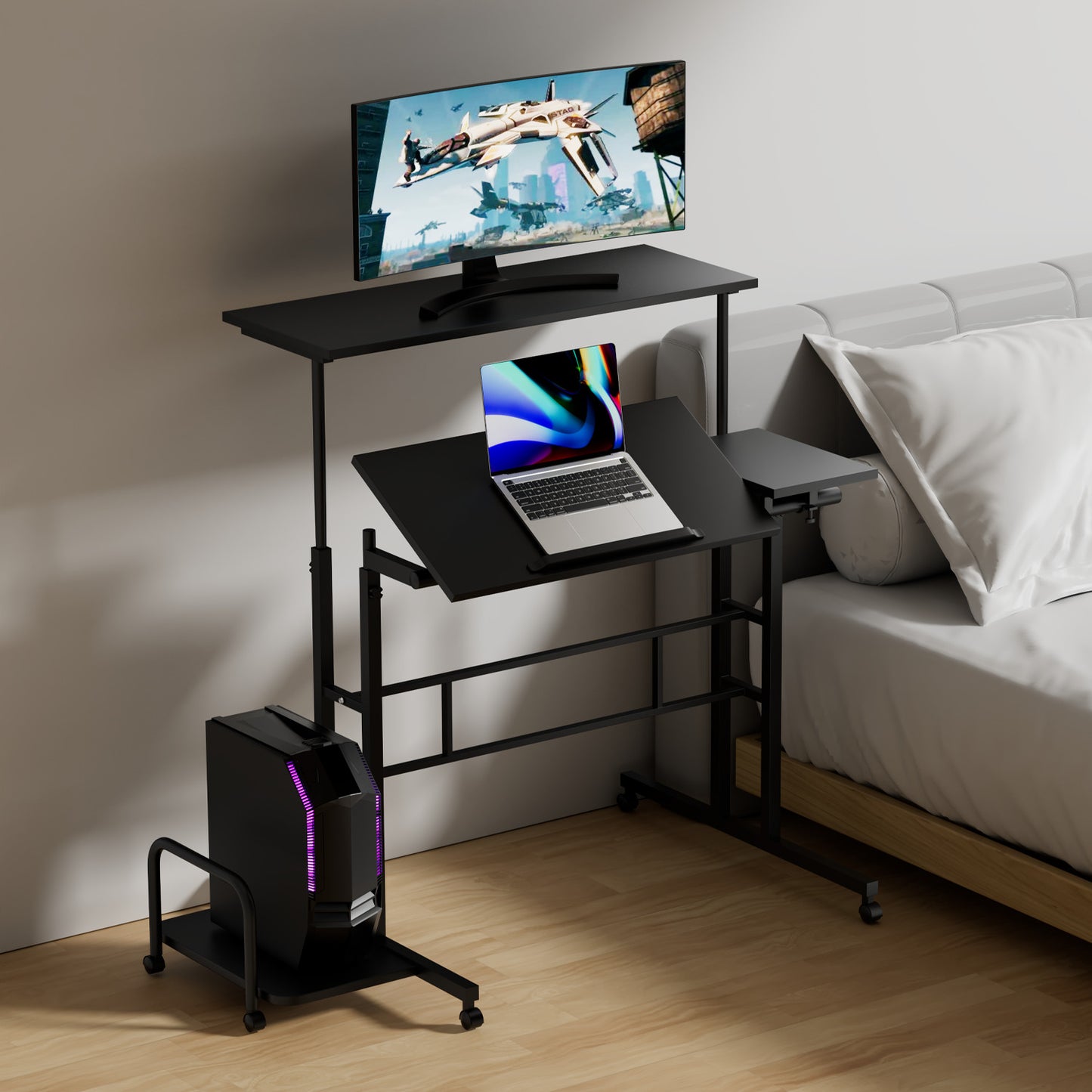 Rolling Lifting Computer Desk w/Monitor Shelf & CPU Stand - Adjustable Height & Tilt