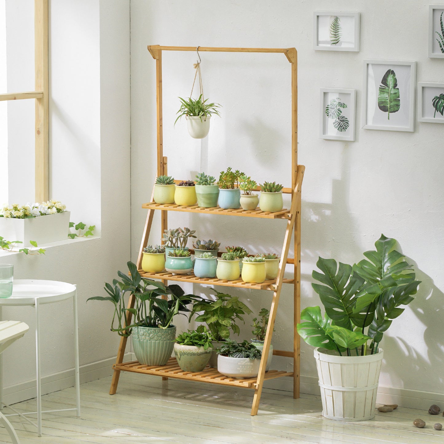 Foldable Flower Plant Rack - A Frame Stand Shelf - with Top Hanging Rod - 3 Tier - Natural