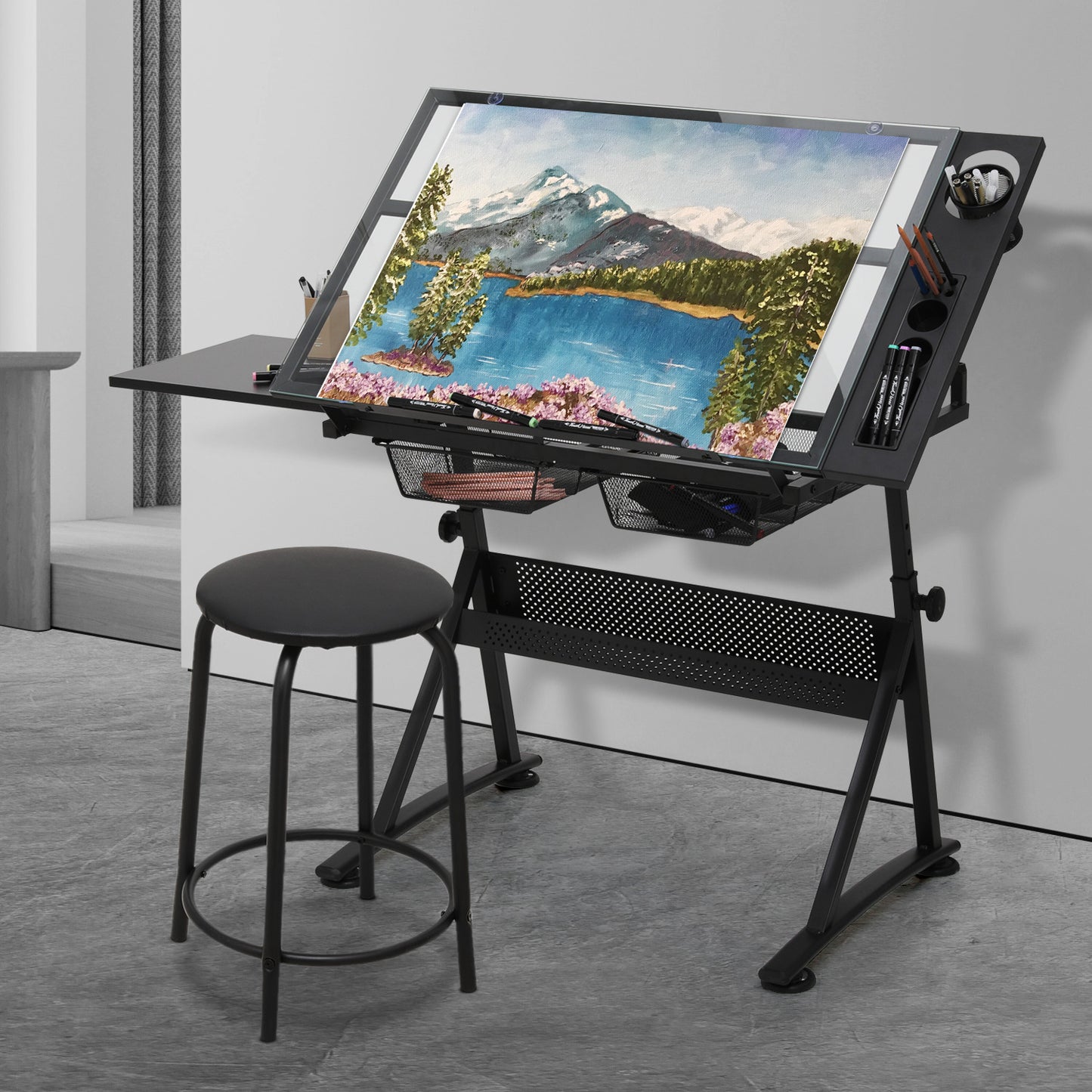 Drafting Table - 53" Crystal desktop with frame, 2 mesh drawers, with black stool