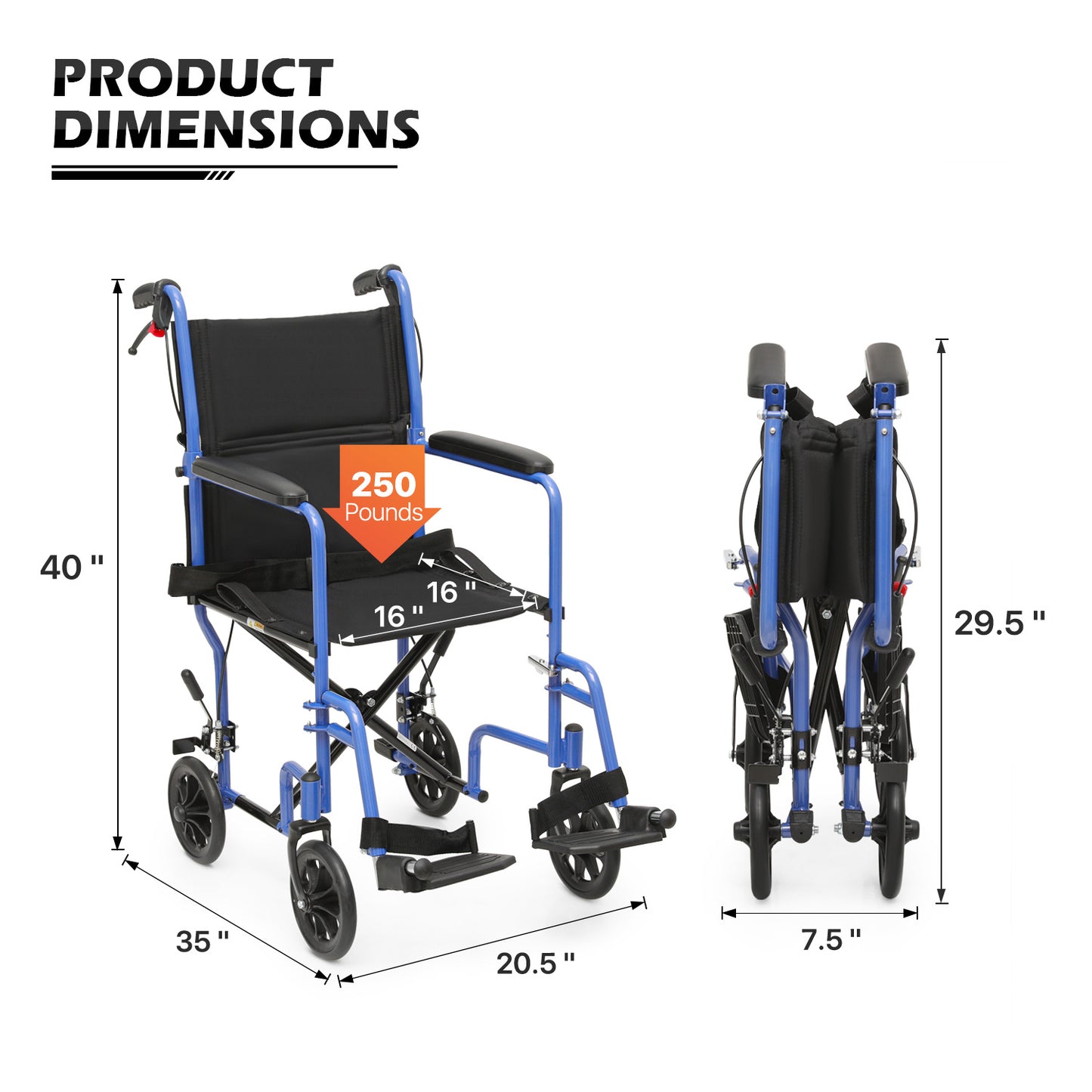 Lightweight Transport Wheelchair - FDA Approved, with Handbrakes, Blue