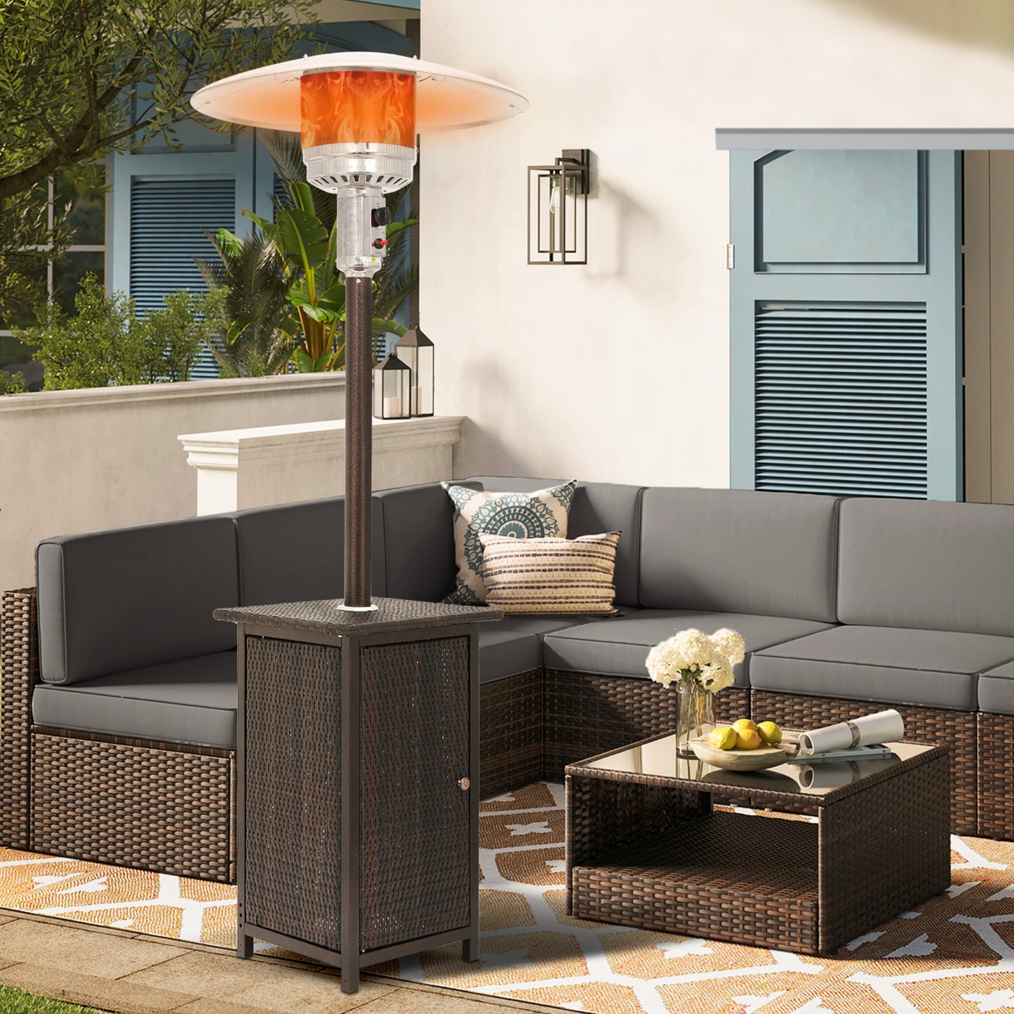 Outdoor 48,000 BTU Propane Patio Heater - w/PE Wicker Table - Anti-Tilt Protection