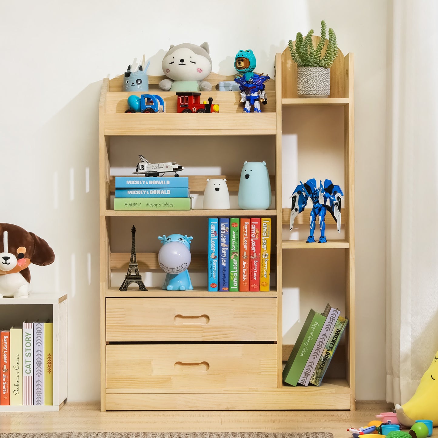 Wooden Display Storage Organizer - Unequal Top - 4 Tier - with Drawer - 33" - Natural