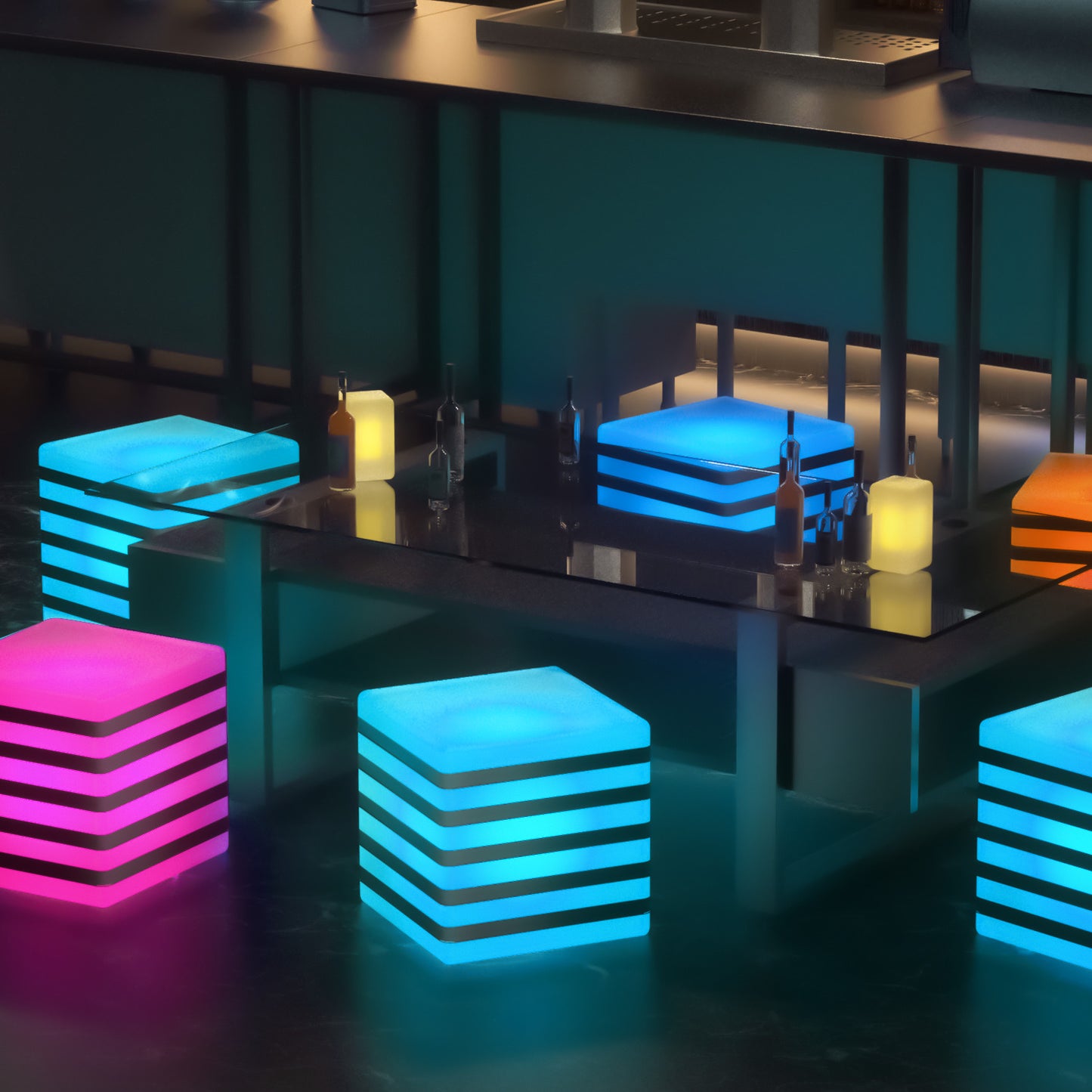 LED - Stool - 16''Cube with Striped - 16 Colors Remote Control