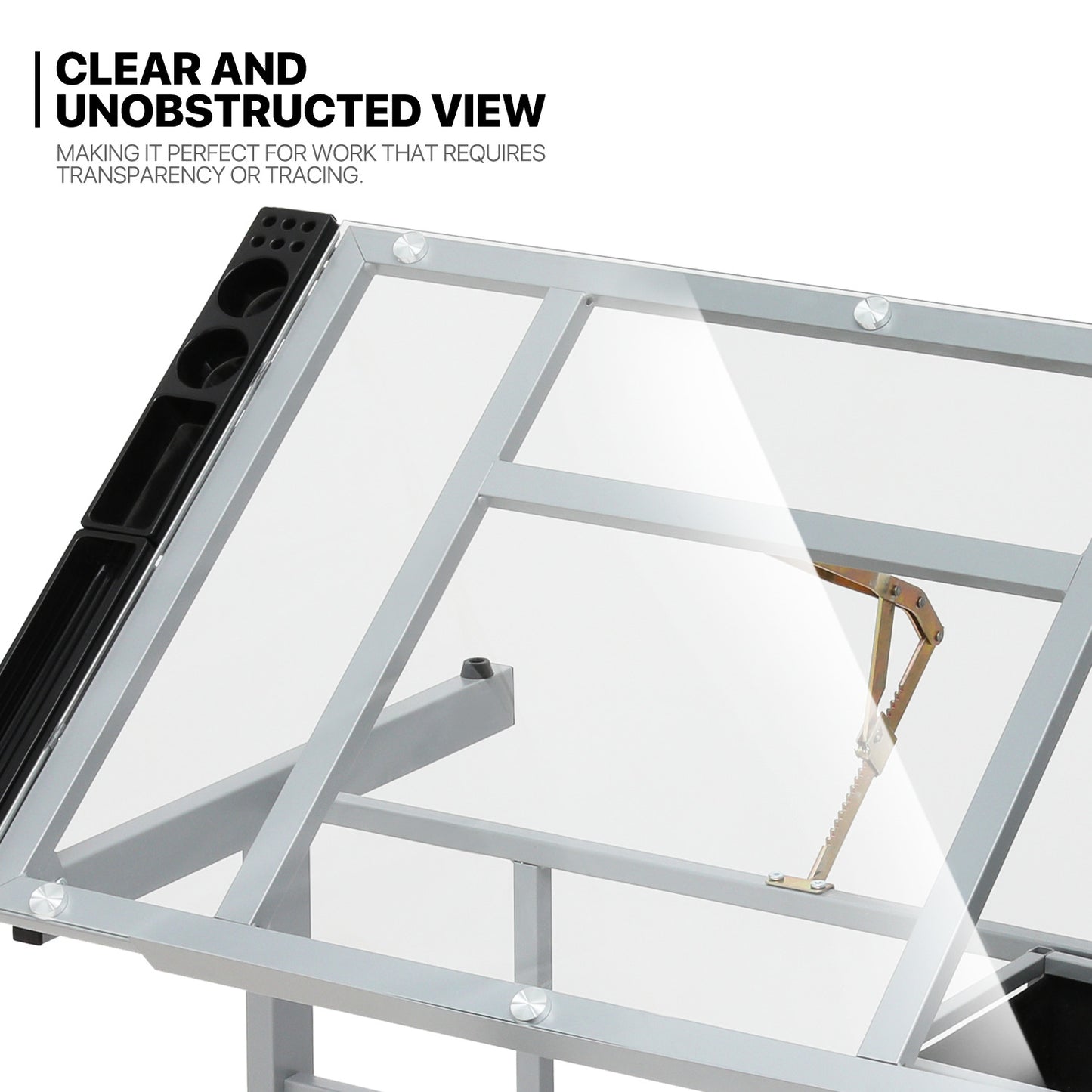 Drafting Table - 41" Crystal desktop with grey frame, 2 black drawers, rolling casters