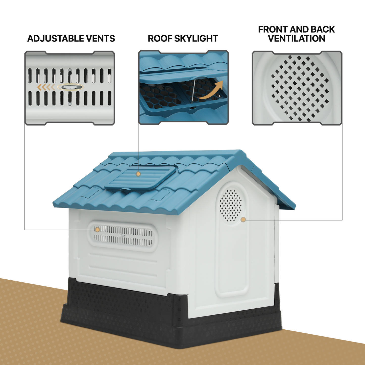 Plastic Dog House - with Adjustable Skylight, Elevated Base