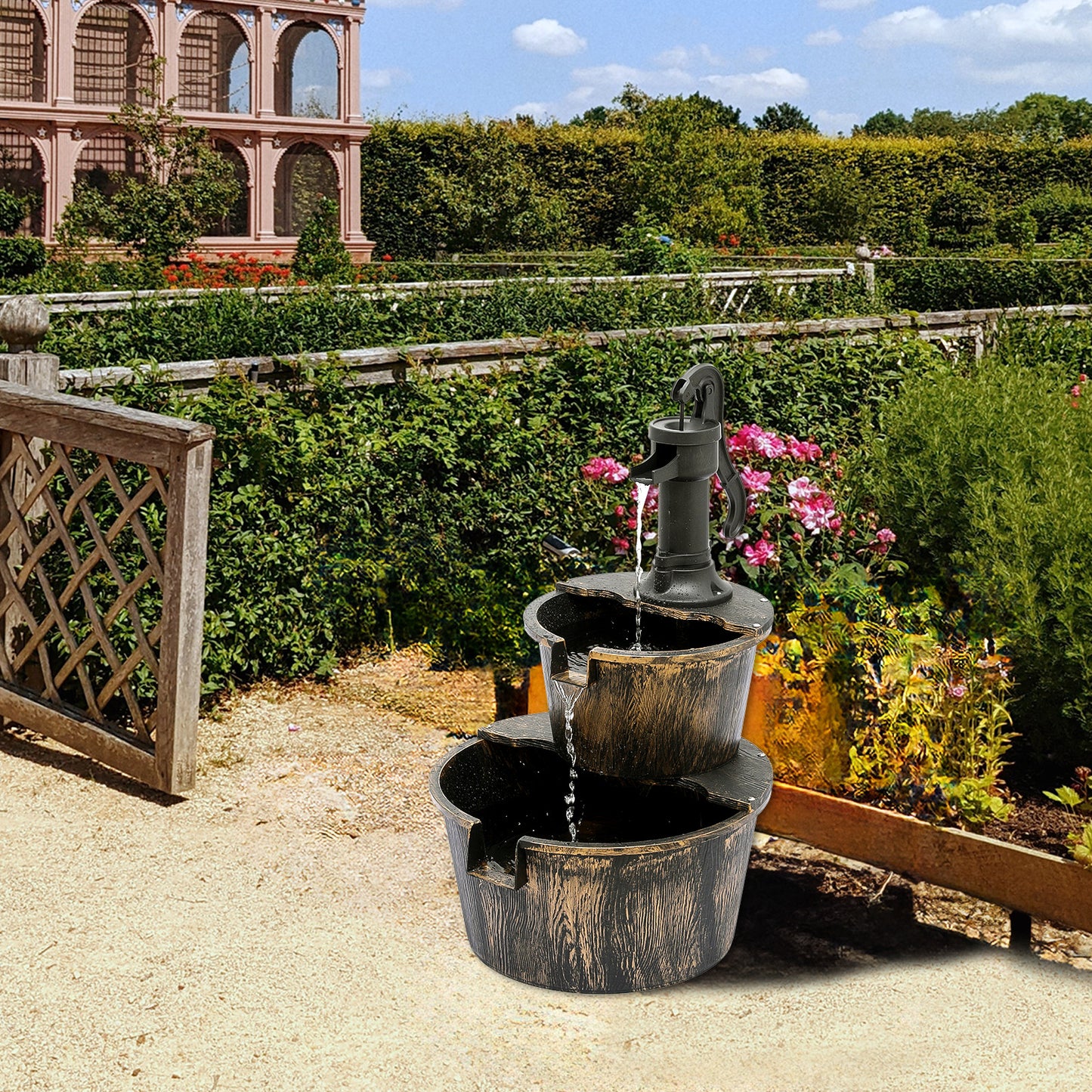 27" Tall 2-Tier Barrel and Pump Waterfall Fountain