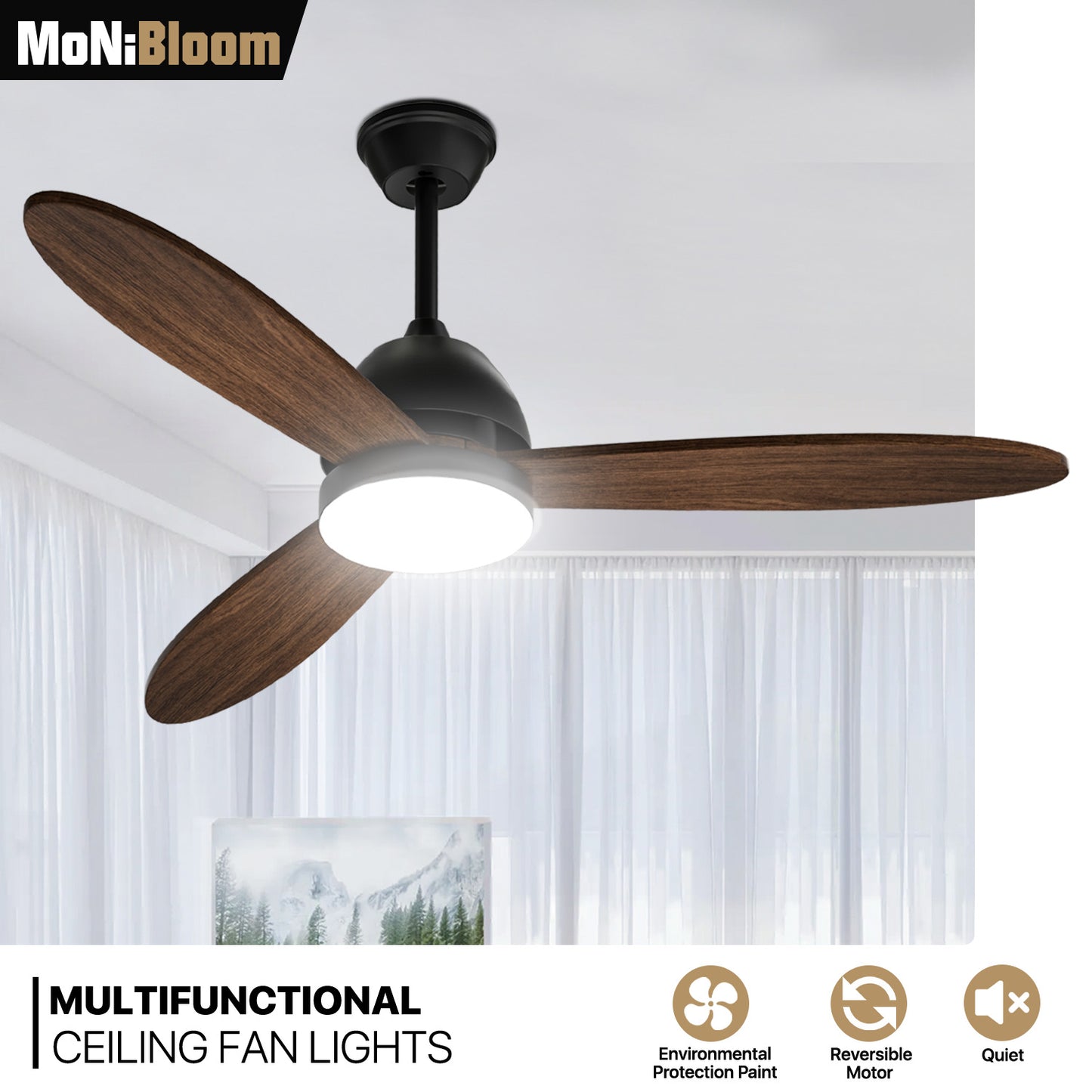 52" LED Ceiling Fan - 3 Blades - 3 Color Changing - 6 Speeds w/2 Down Rods