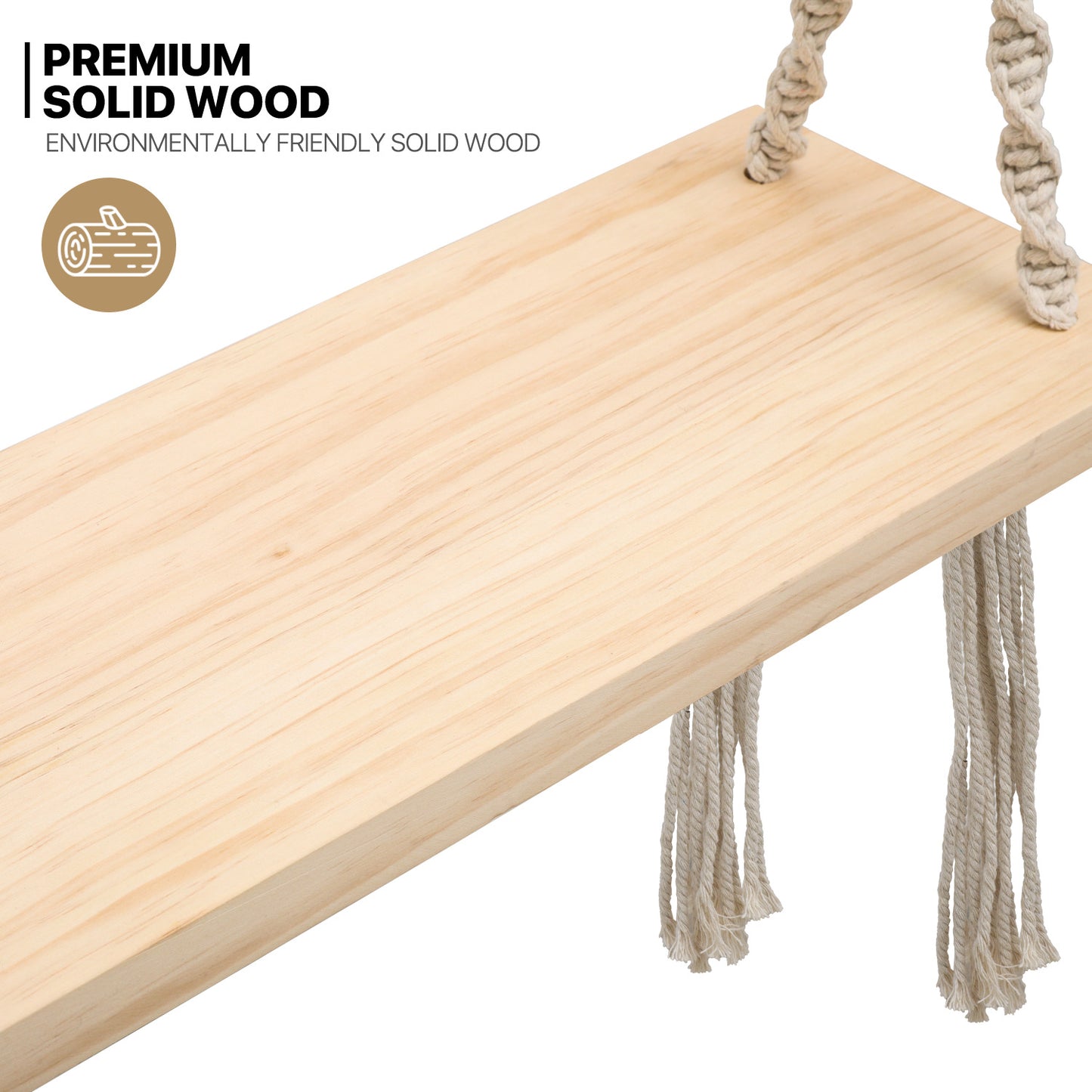 Swing Flat Bench - Adjustable Rope Hanging Seat with Tassels - Pine Wood