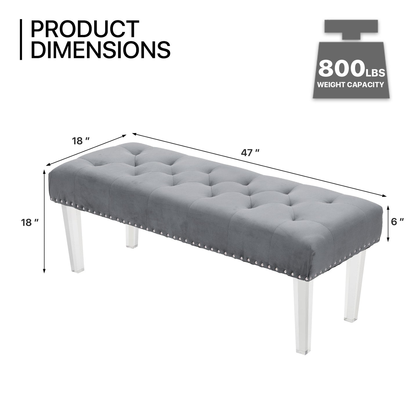 47" Tufted Ottoman Seat Mid-Century Rectangle Footstool Bench - Acrylic Foot