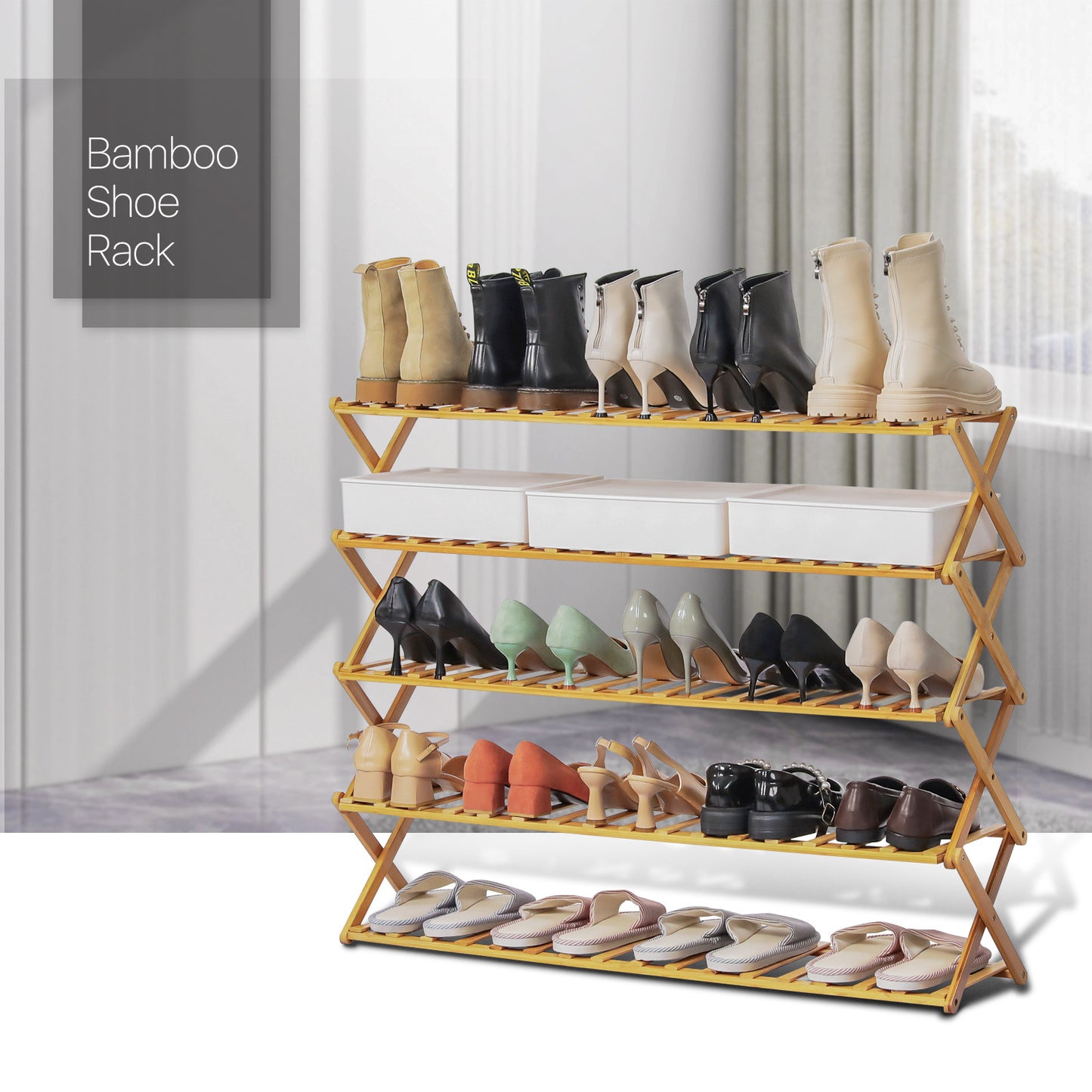 Foldable Multifunctional Shoe Rack Organizer - 5 Tier - Natural