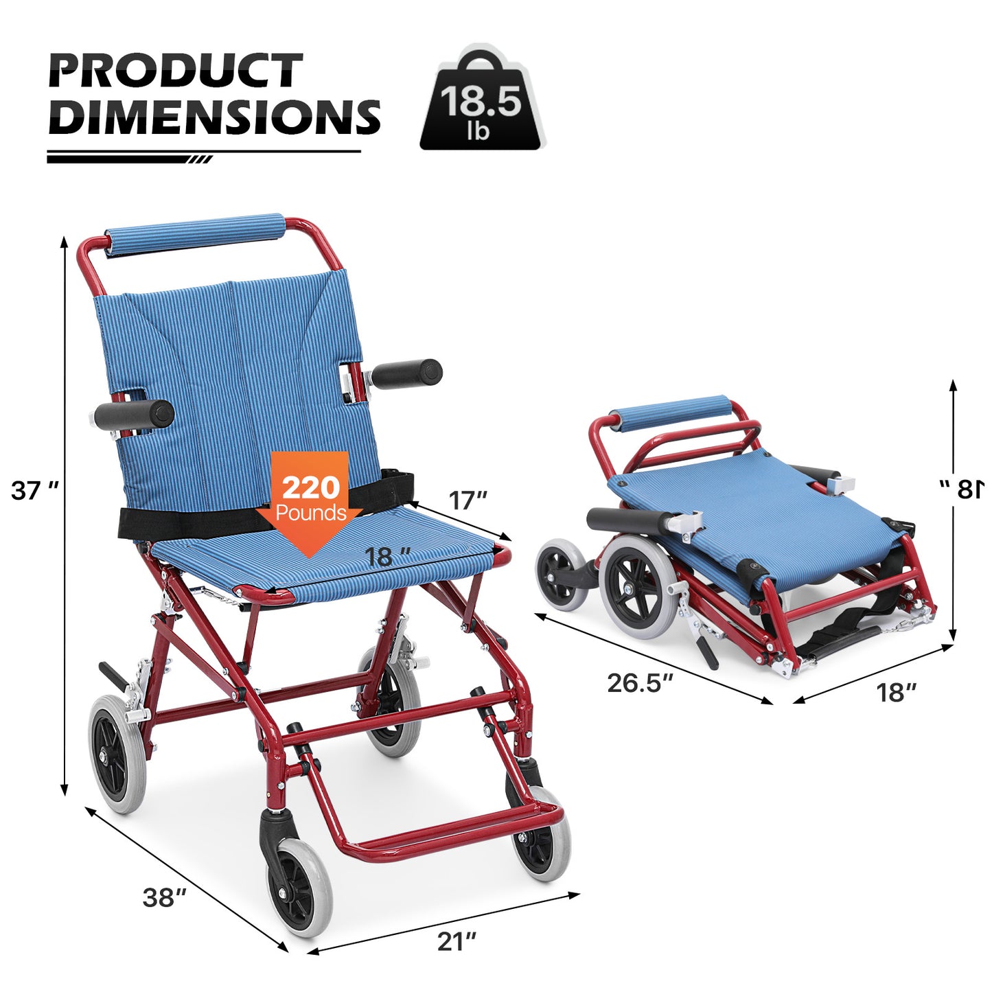 Transport Wheelchair - Red - Can Be Carry-on Plane
