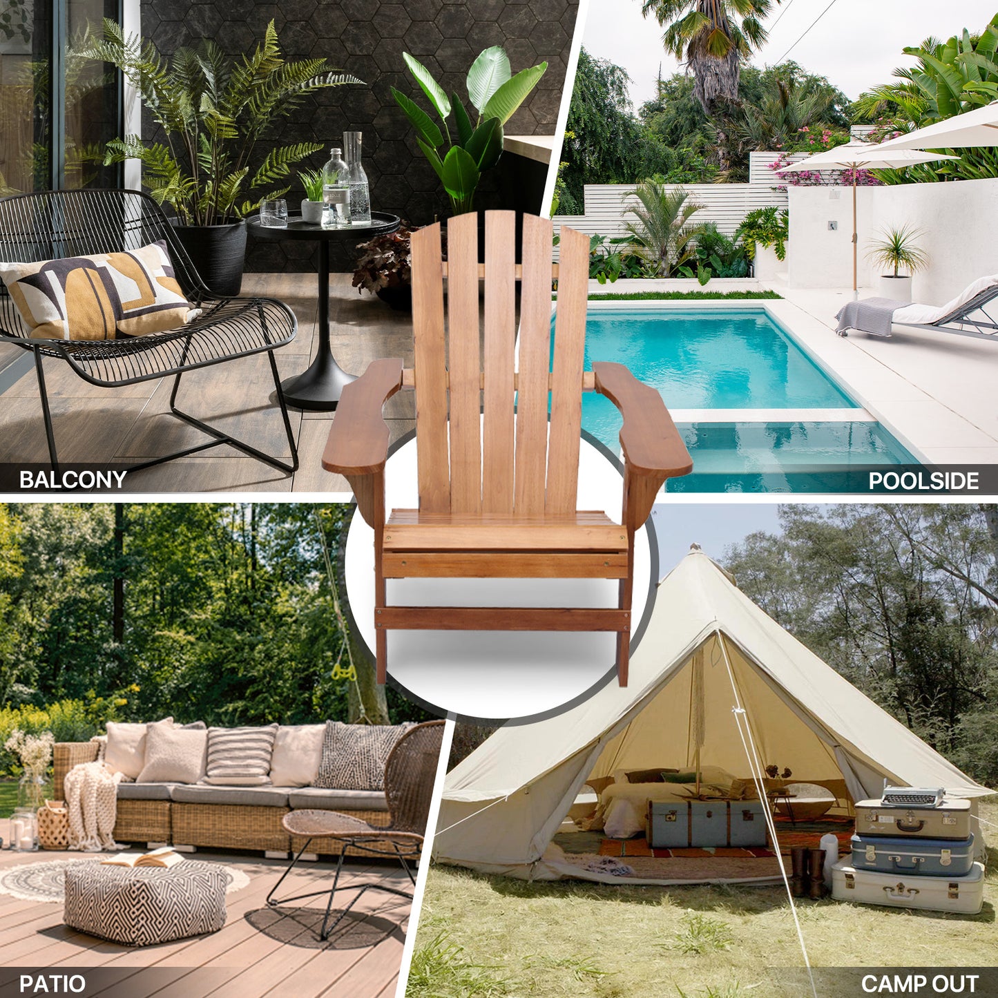 Bistro Set - 2 Adirondack Chair & 1 Table - Retractable Footrest - Folding Table