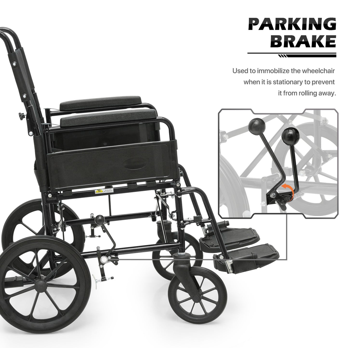 Transport Wheelchair - FDA Approved, PU Paded Armrest, Black