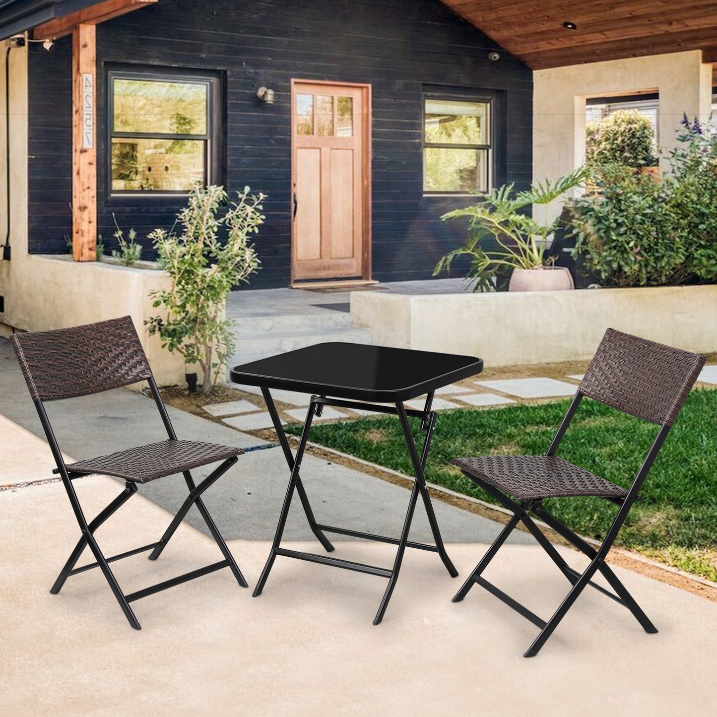 Patio Bistro Set, Tempered Glass Table & 2 Rattan Wicker Chairs