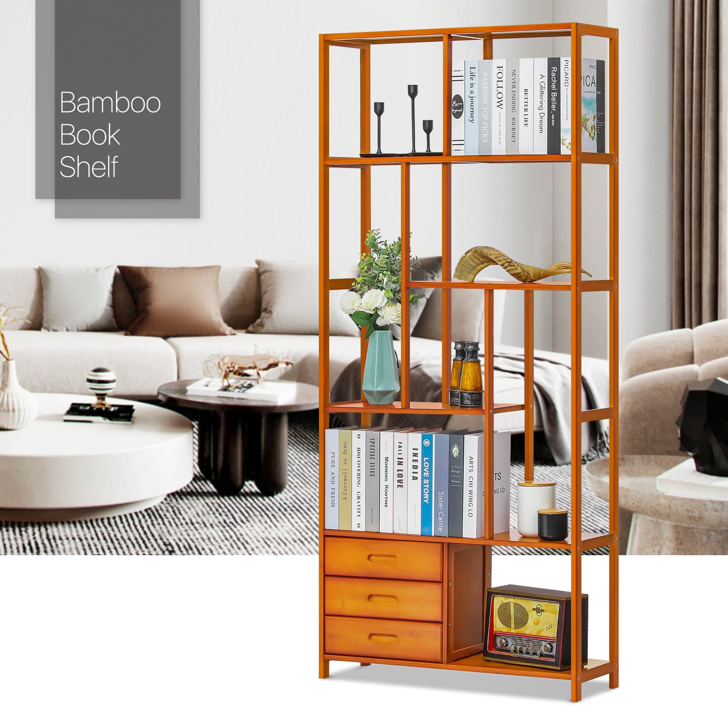 Oriental Vintage Antique Frame Display Shelf - 6 Tier - with Drawer - Brown
