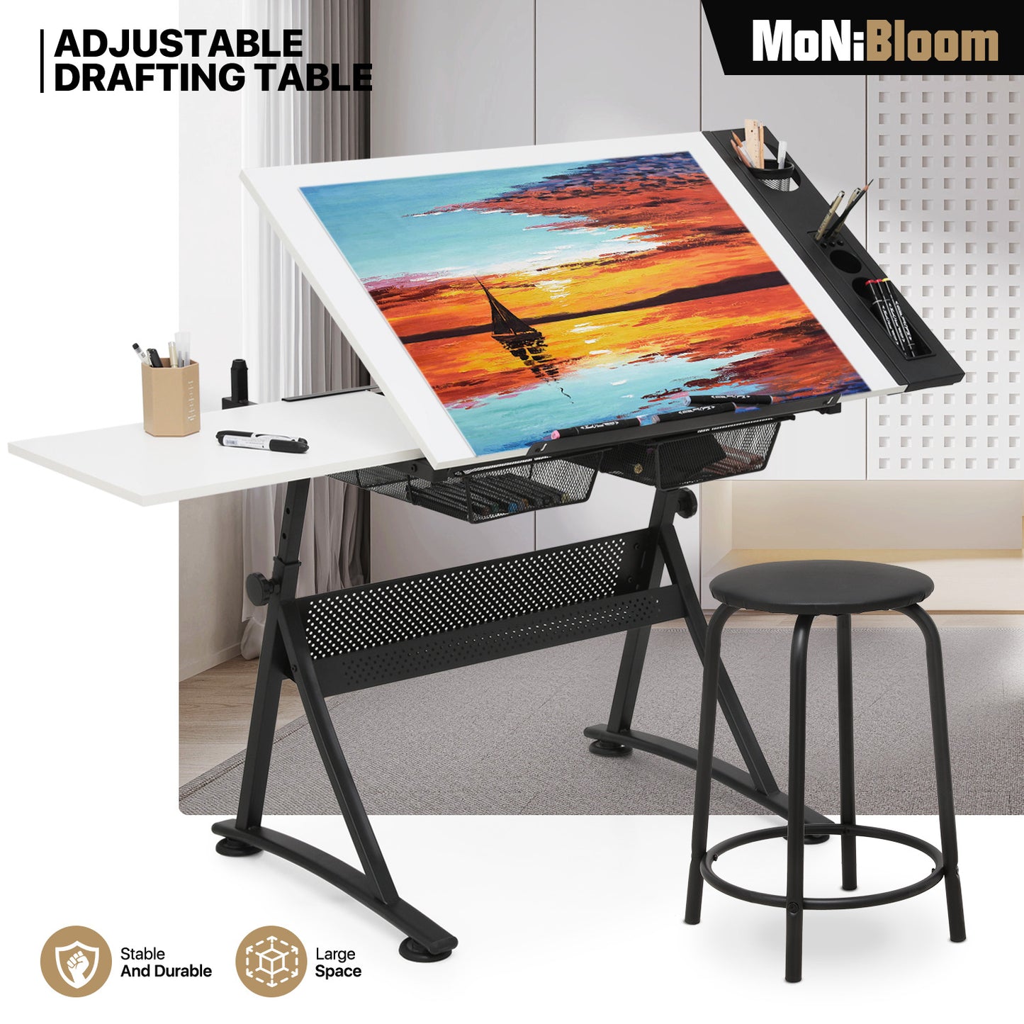 Drafting Table - 61" White desktop with black frame, 2 mesh drawers, with black stool