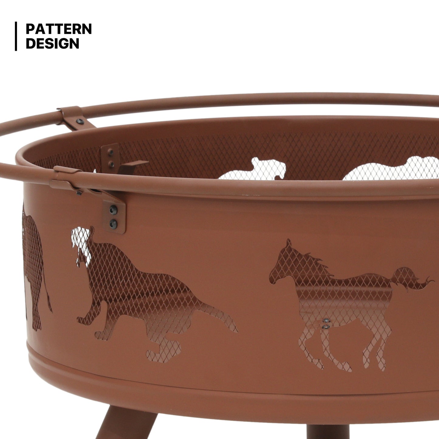 32" Horse Pattern Round Fire Pit w/Poker & Spark Screen