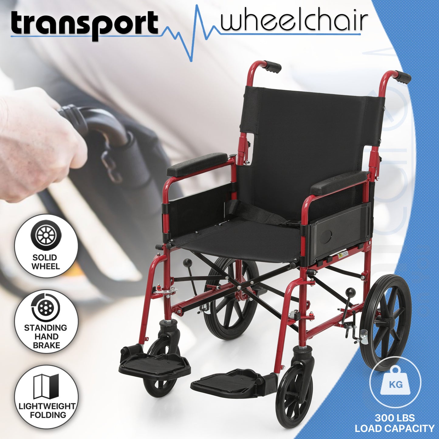 Transport Wheelchair - FDA Approved, PU Paded Armrest, Red