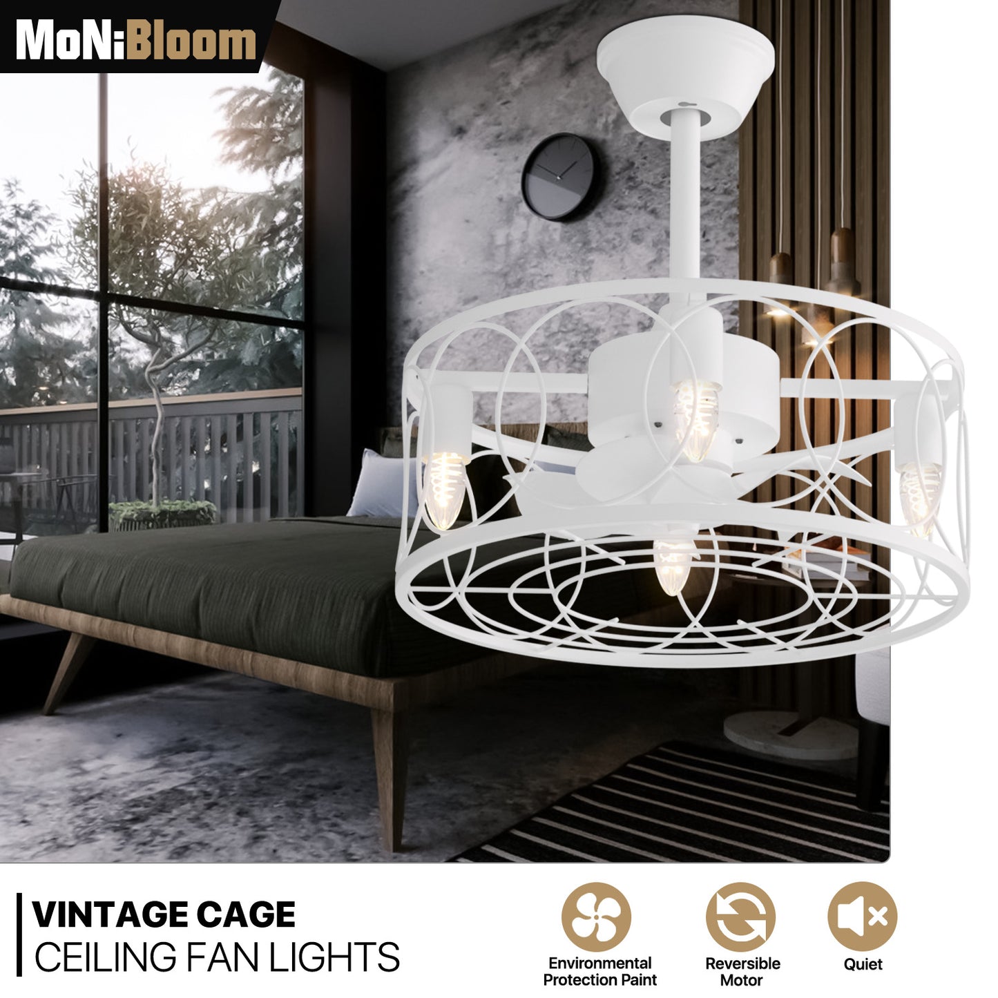 18" Caged Ceiling Fan  - 3 Color Changing - 3 Speeds w/2 Down Rods