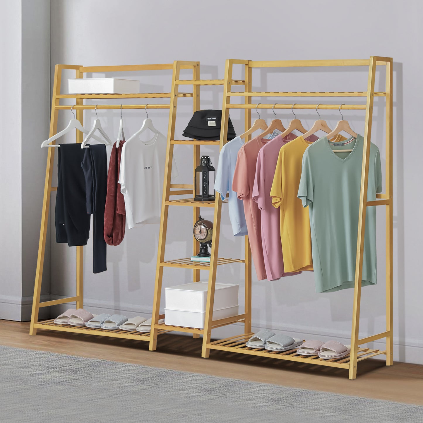 Trapezoid Garment Cabinet Clothes Organizer - Double Rack - Natural