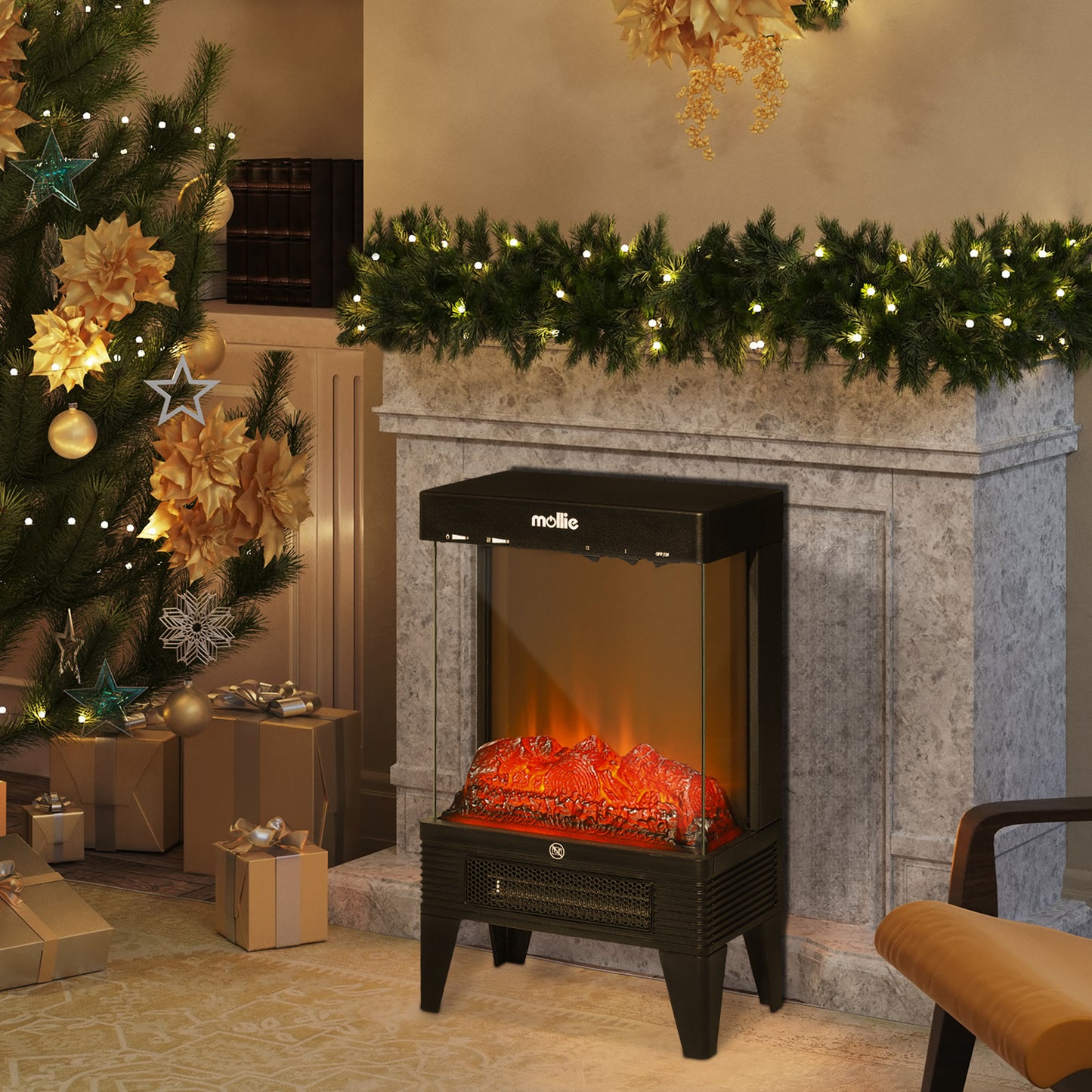 Freestanding Electric Fireplace - 1500W Space Heater - Adjustable Flame Brightness