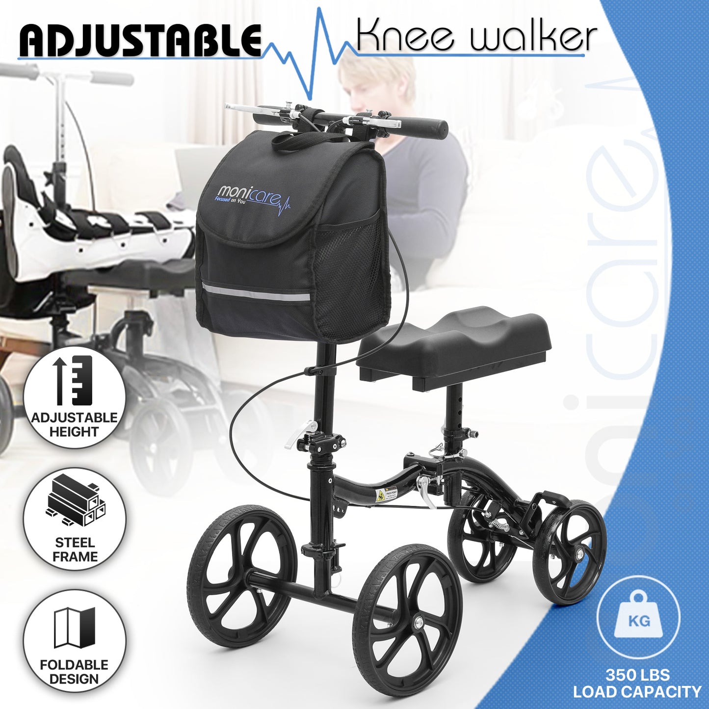 Knee Walker - Black Steel Frame - 10" Front Wheel 8" Rear Wheel
