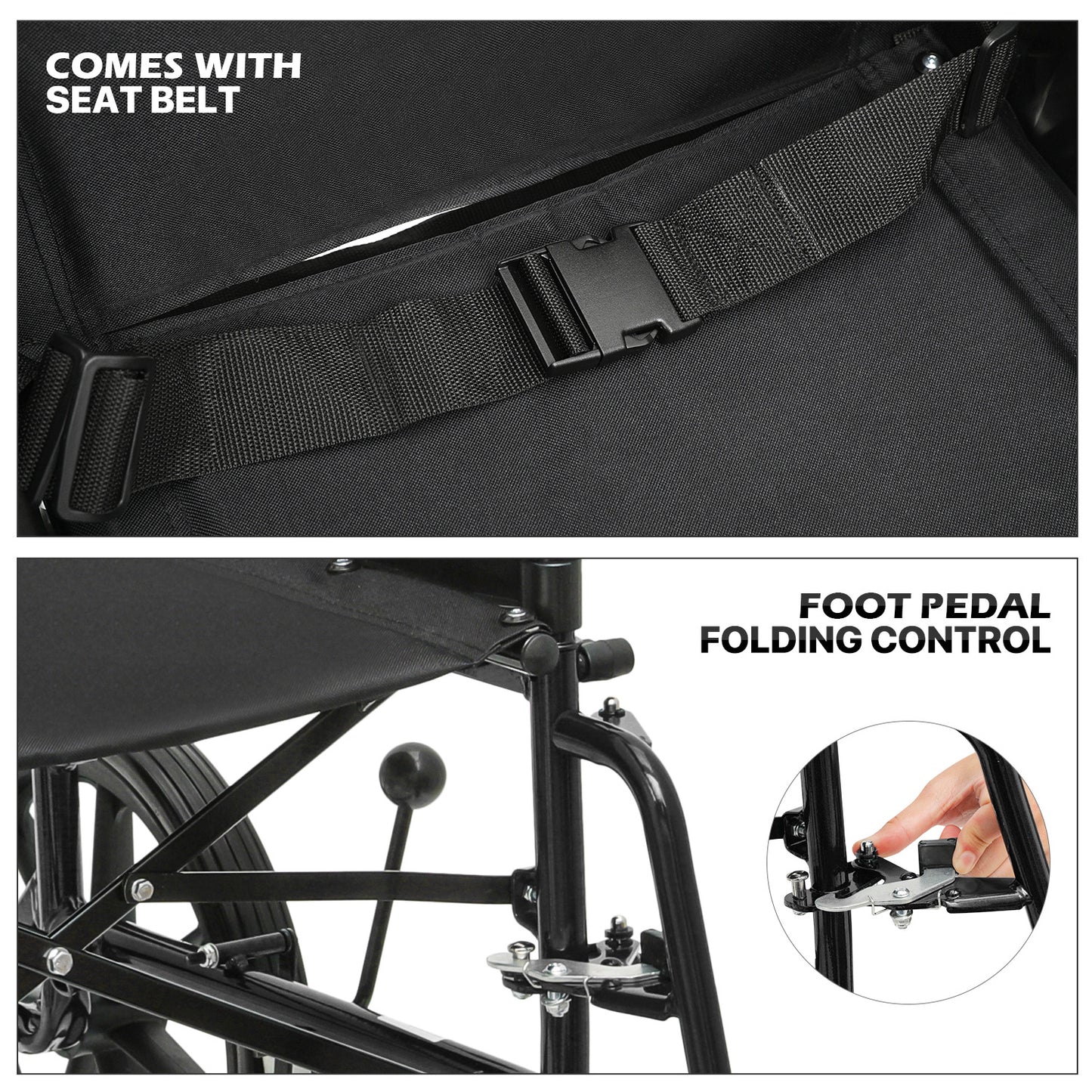 Transport Wheelchair - FDA Approved, PU Paded Armrest, Black