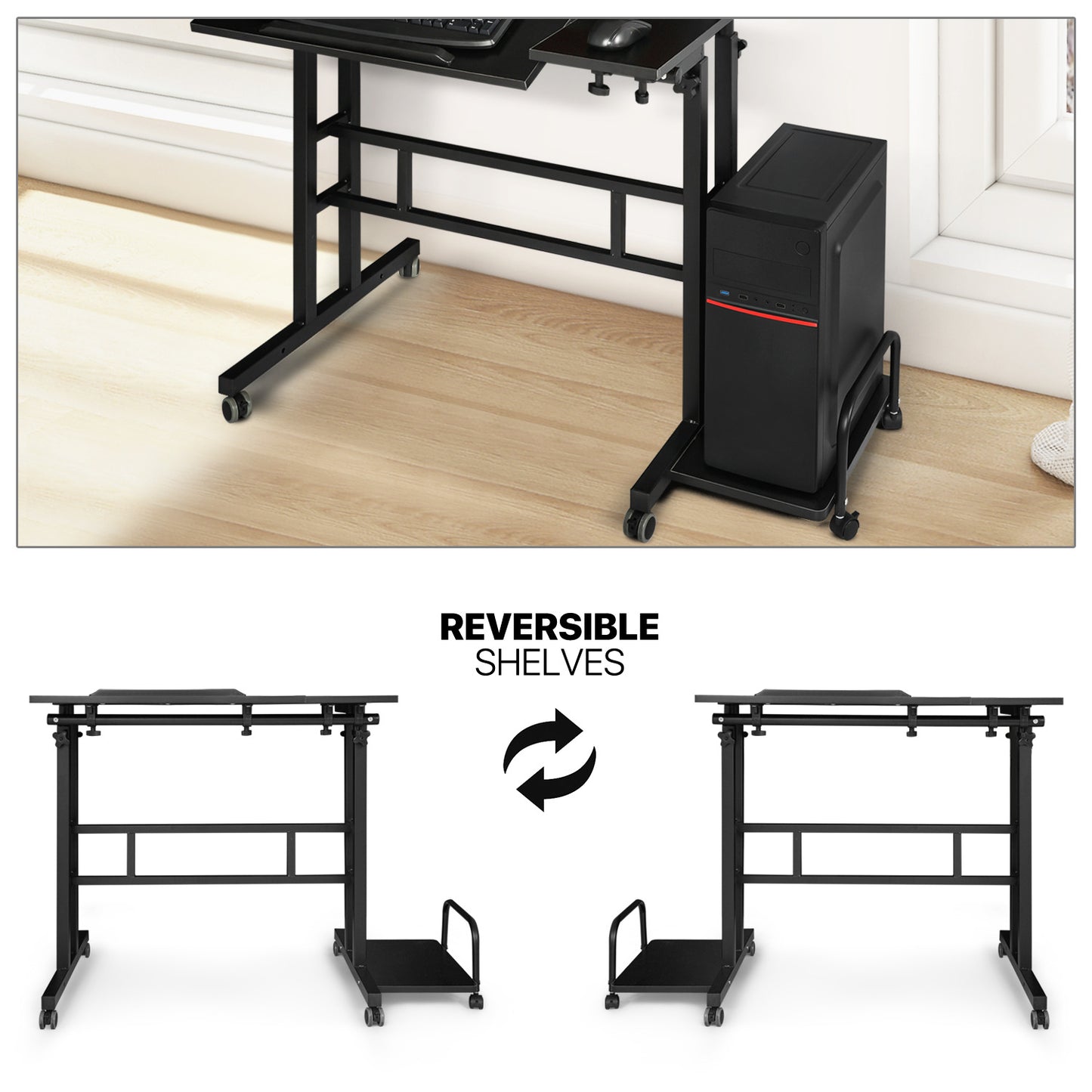 Rolling Lifting Computer Desk w/Monitor Shelf & CPU Stand - Adjustable Height & Tilt