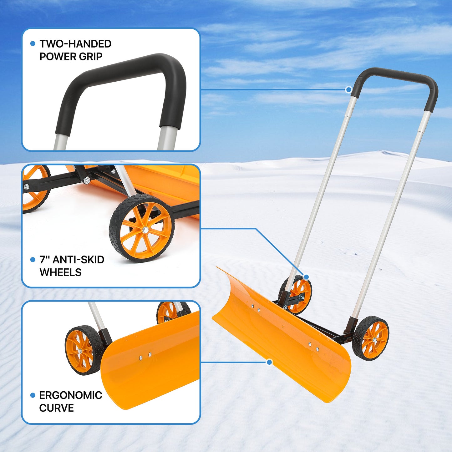 Snow Shovel Pusher for Driveway - 3.5 FT Height - w/ 2*7inch Wheel - Yellow