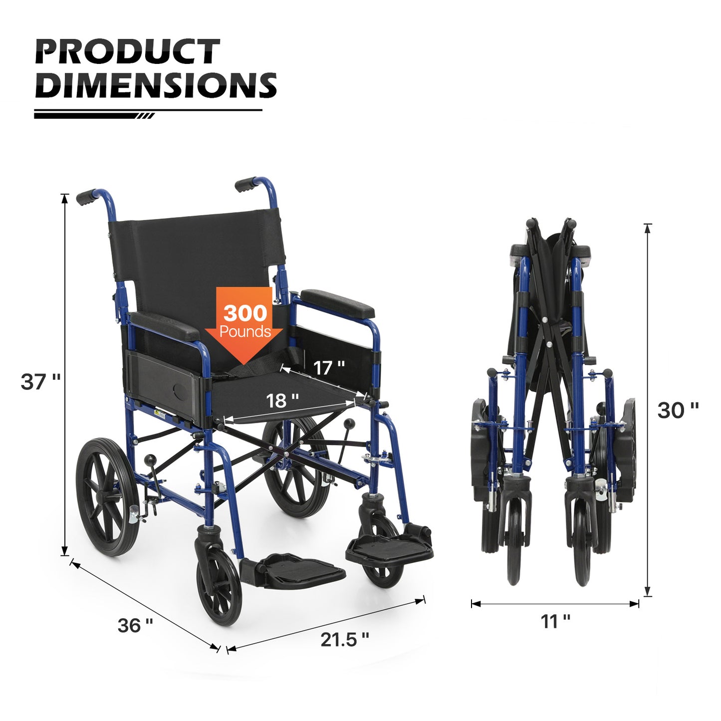 Transport Wheelchair - FDA Approved, PU Paded Armrest, Blue