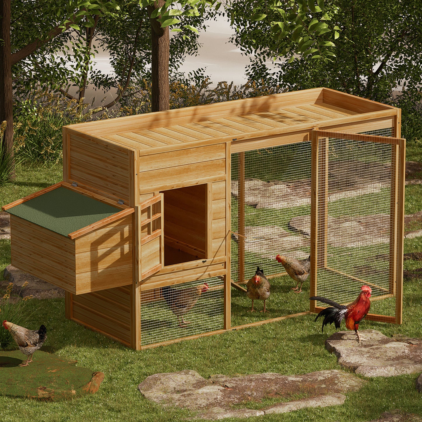 Wooden Chicken Bunny Rabbit Hutch Hen House Poultry Cage with Ramp+Nesting Box