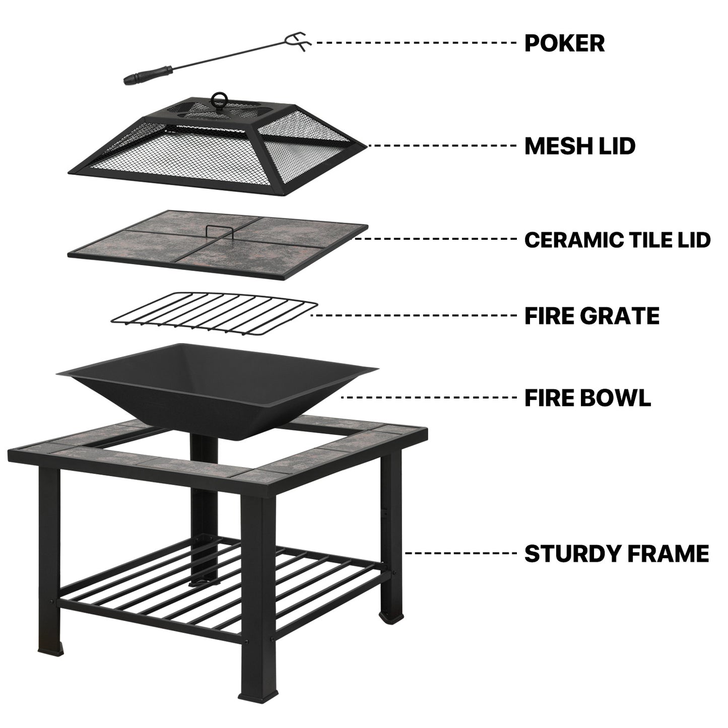30" Square Marble Tabletop Fire Pit Table w/Lid & Poker & Spark Screen