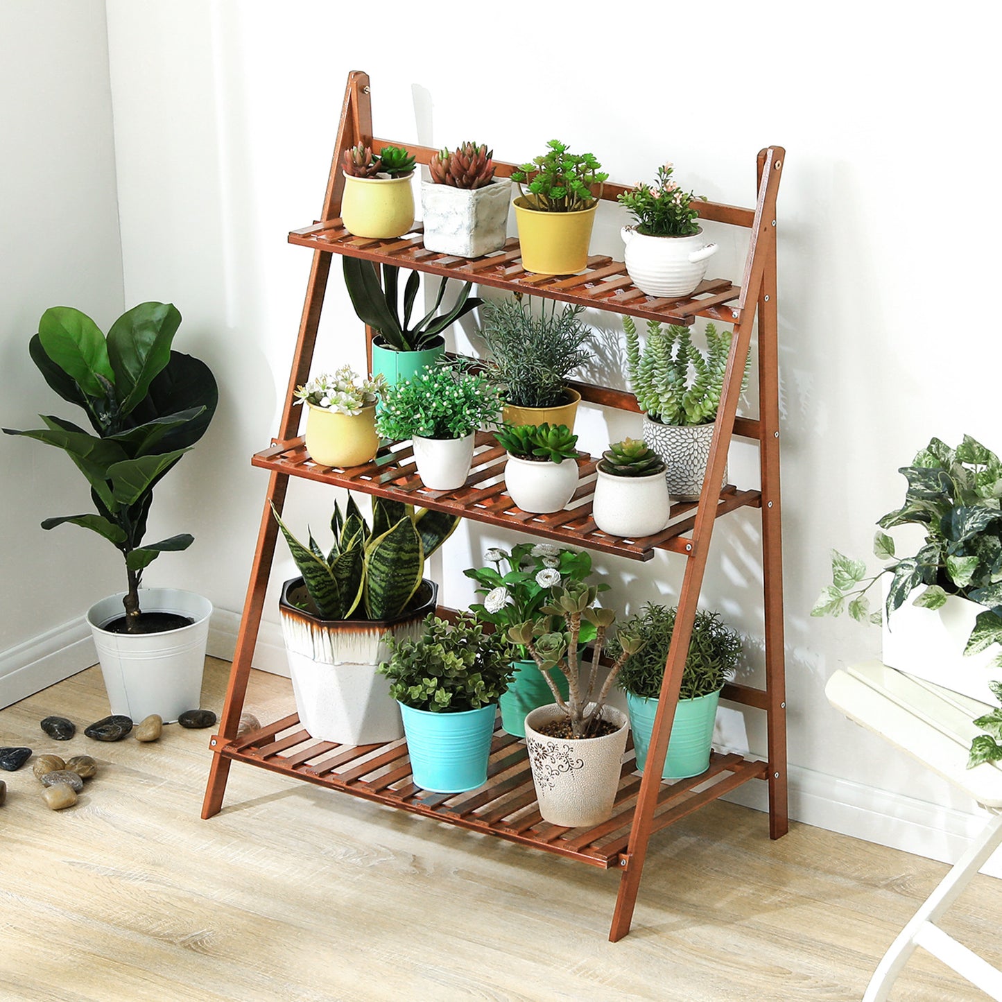 Foldable Flower Plant Rack - A Frame Stand Shelf - 3 Tier - Brown