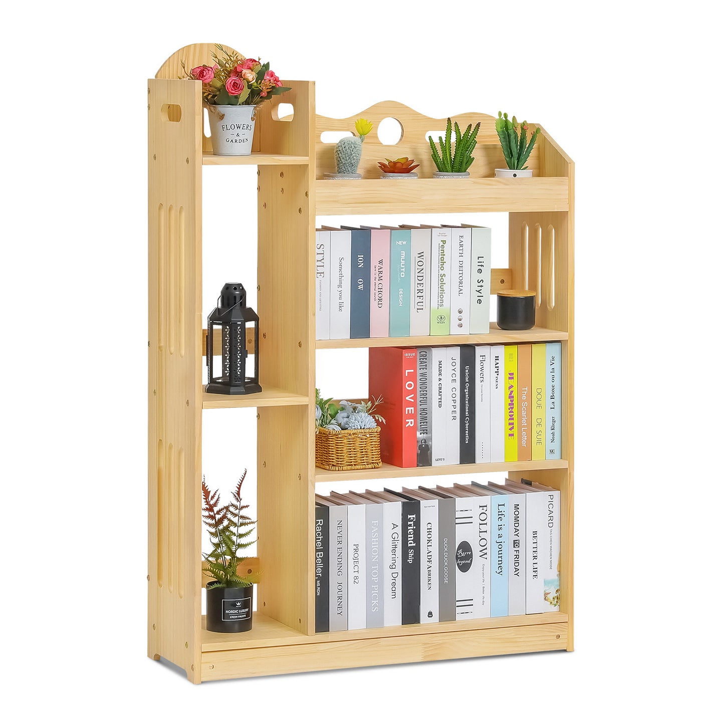 Wooden Display Storage Organizer - Unequal Top - 4 Tier - 33" - Natural