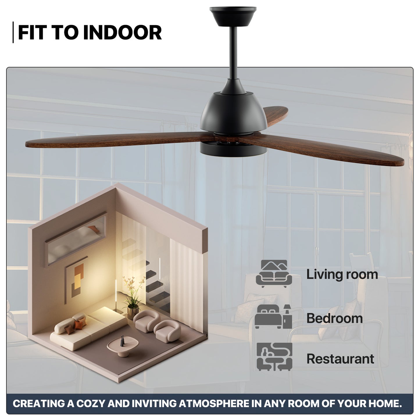 52" LED Ceiling Fan - 3 Blades - 3 Color Changing - 6 Speeds w/2 Down Rods