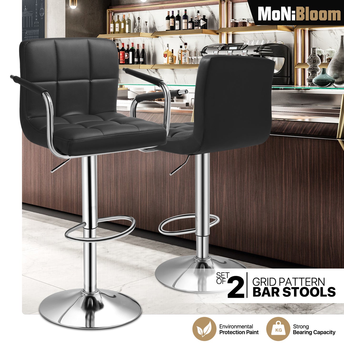 Grid Pattern Bar Stool w/Handrest 2 Pcs