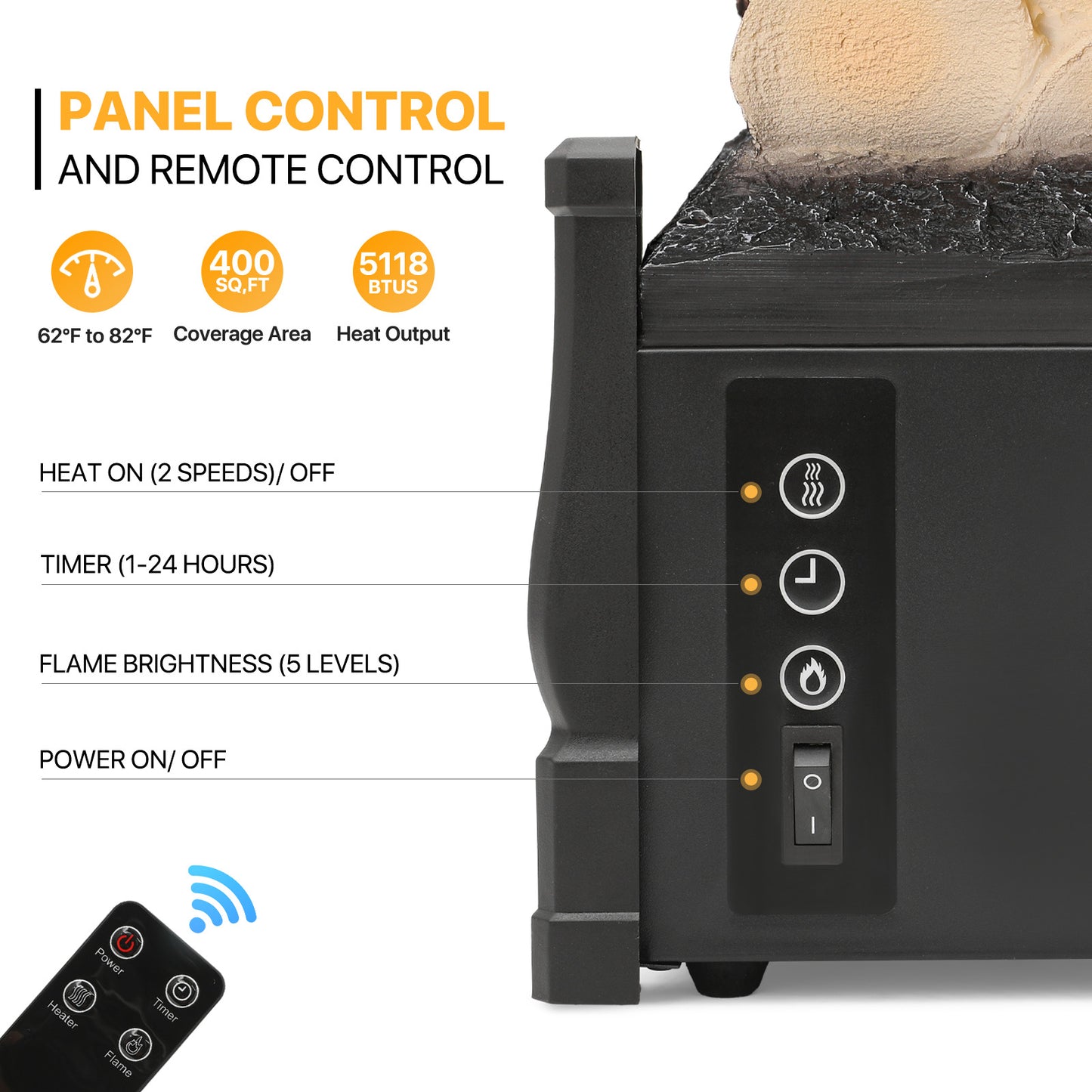 Electric Fireplace - 1500W Space Heater - Logs and Inserts - 5 Level Flame Brightness - with Remote
