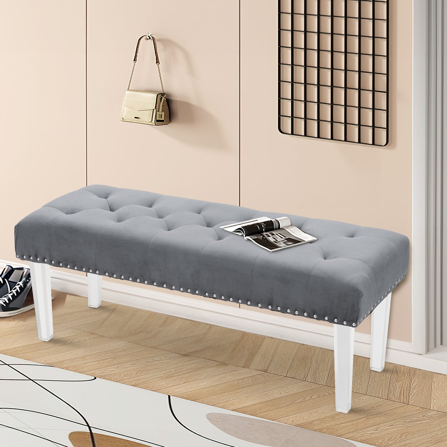 47" Tufted Ottoman Seat Mid-Century Rectangle Footstool Bench - Acrylic Foot