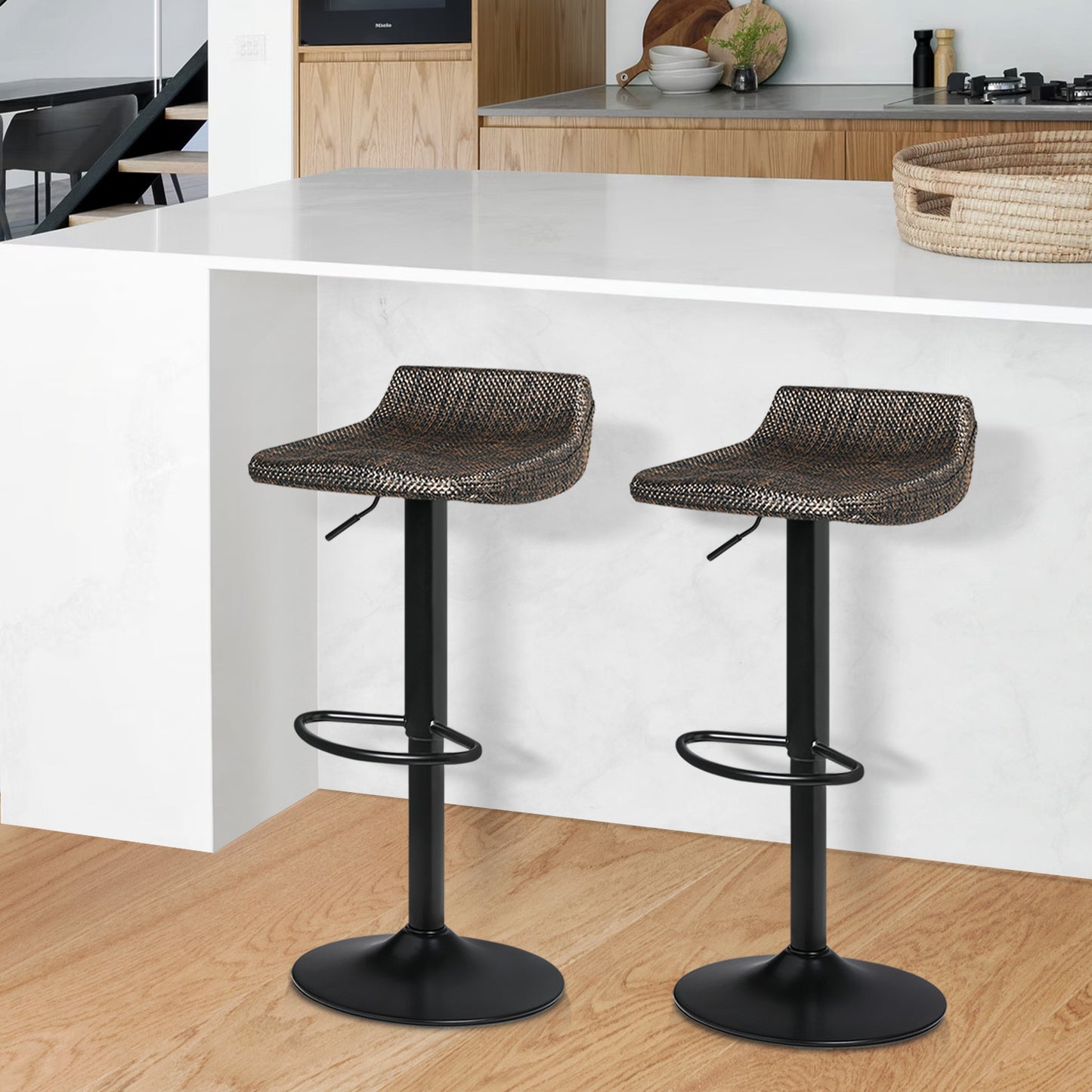 2 Pcs Rotatable Rattan Bar Stool Black/Brown