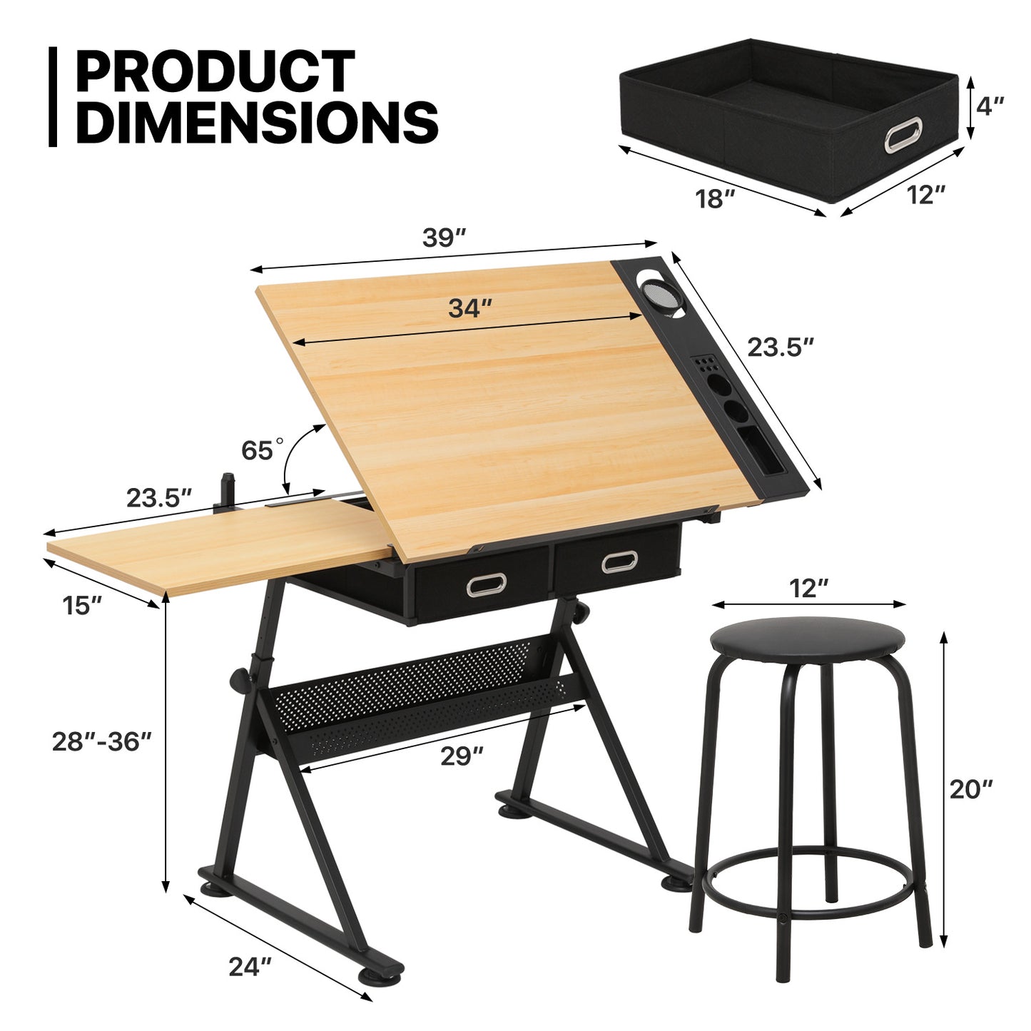 Drafting Table - 61" Natural desktop with black frame, 2 black drawers, with black stool