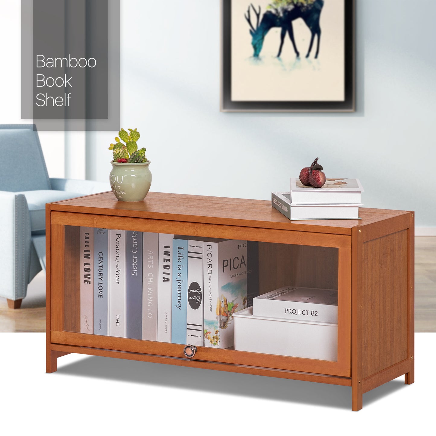 Visible Slide Up Door Bookcase - Bamboo/Acrylic - Brown
