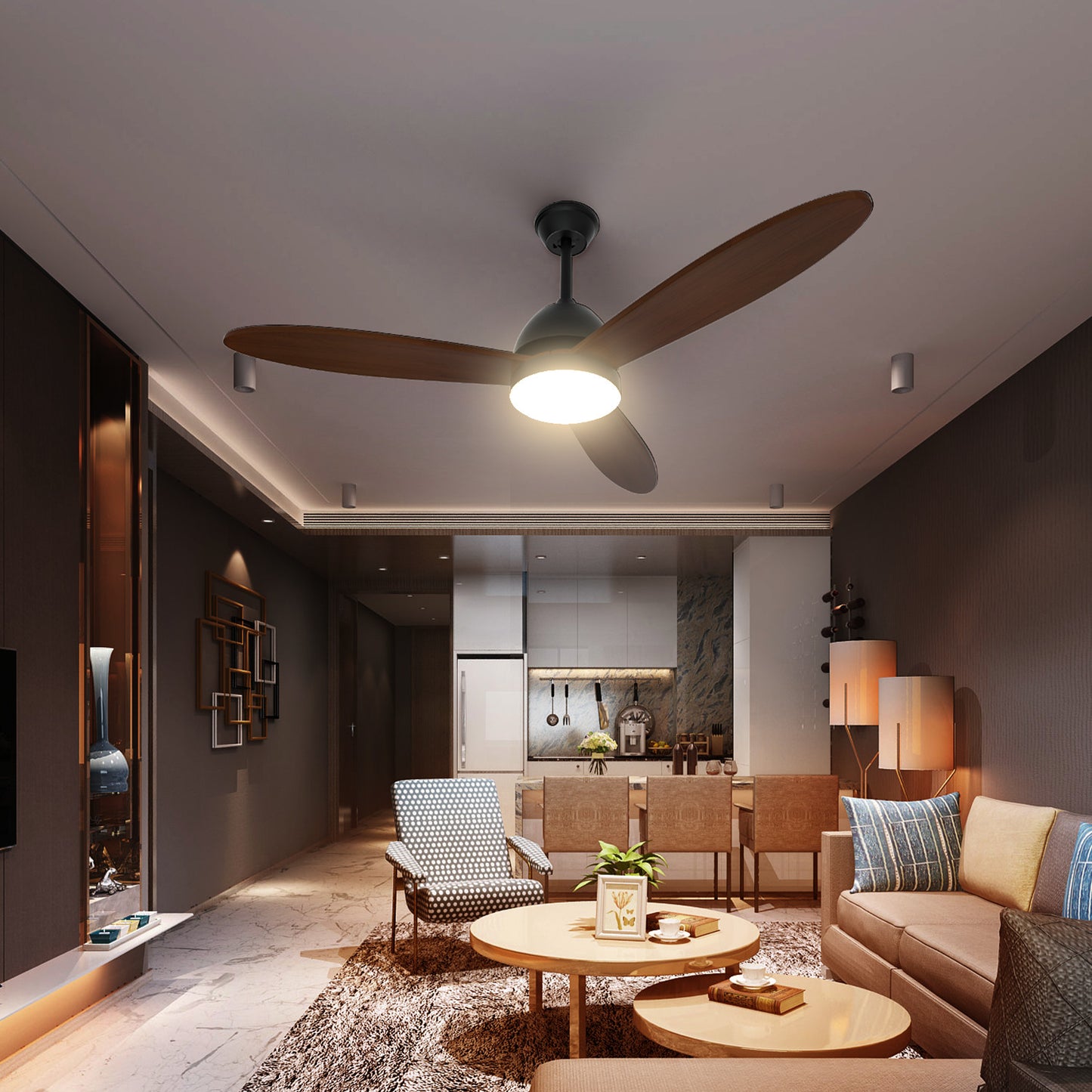 52" LED Ceiling Fan - 3 Blades - 3 Color Changing - 6 Speeds w/2 Down Rods