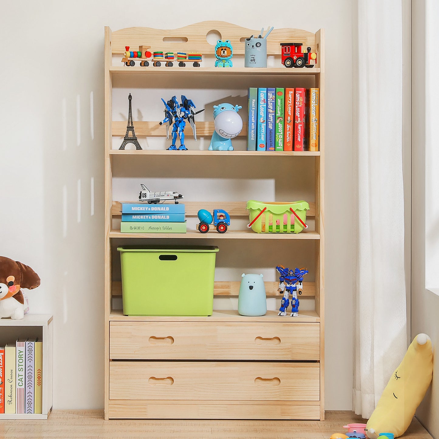 Wooden Display Storage Organizer - 5 Tier - with Drawer - Natural