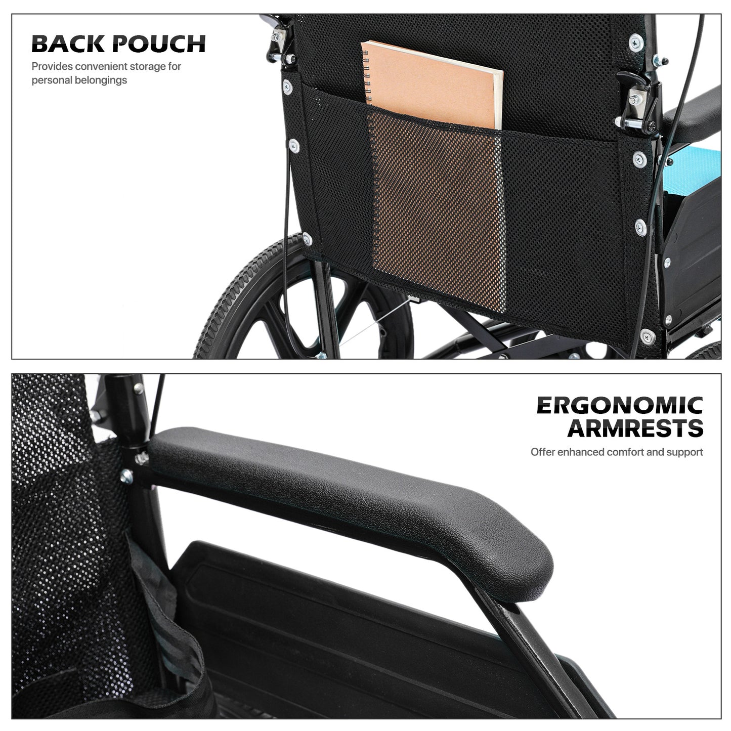 Transport Wheelchair - with Handbrake, Cushion - Black