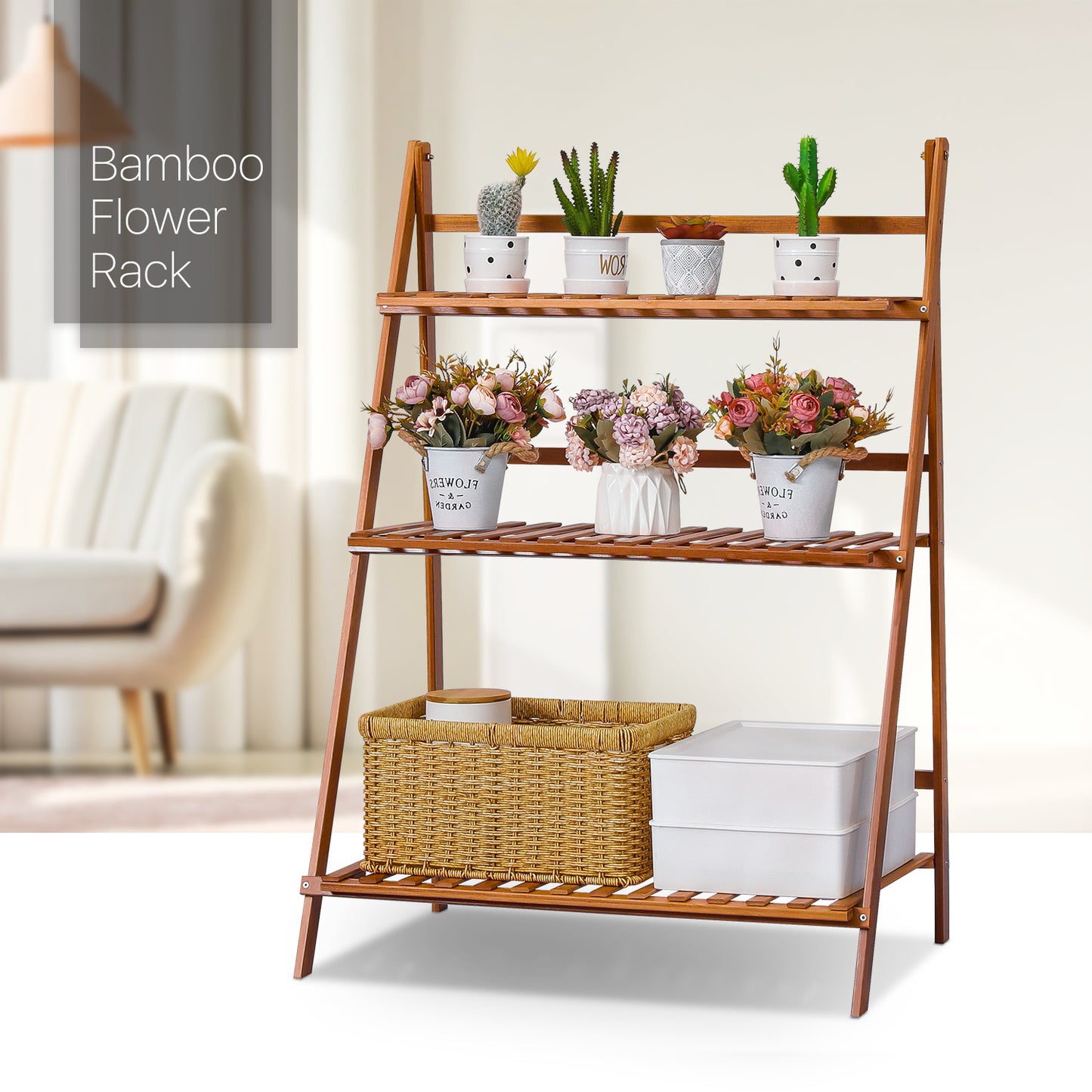 Foldable Flower Plant Rack - A Frame Stand Shelf - 3 Tier - Brown